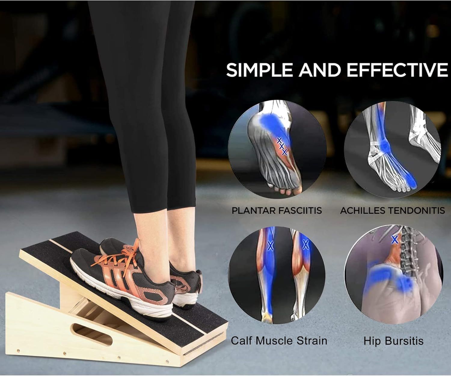 Demonstrates the product's versatility by showing it can be used to treat and relieve multiple lower body conditions and injuries, reassuring shoppers of its broad therapeutic value.