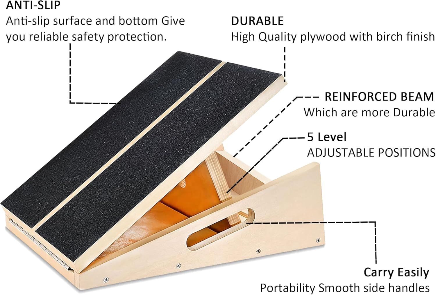 This image breaks down the physical components and construction features of the adjustable slant board to demonstrate its quality, safety, and functional design elements. Communicates multiple…