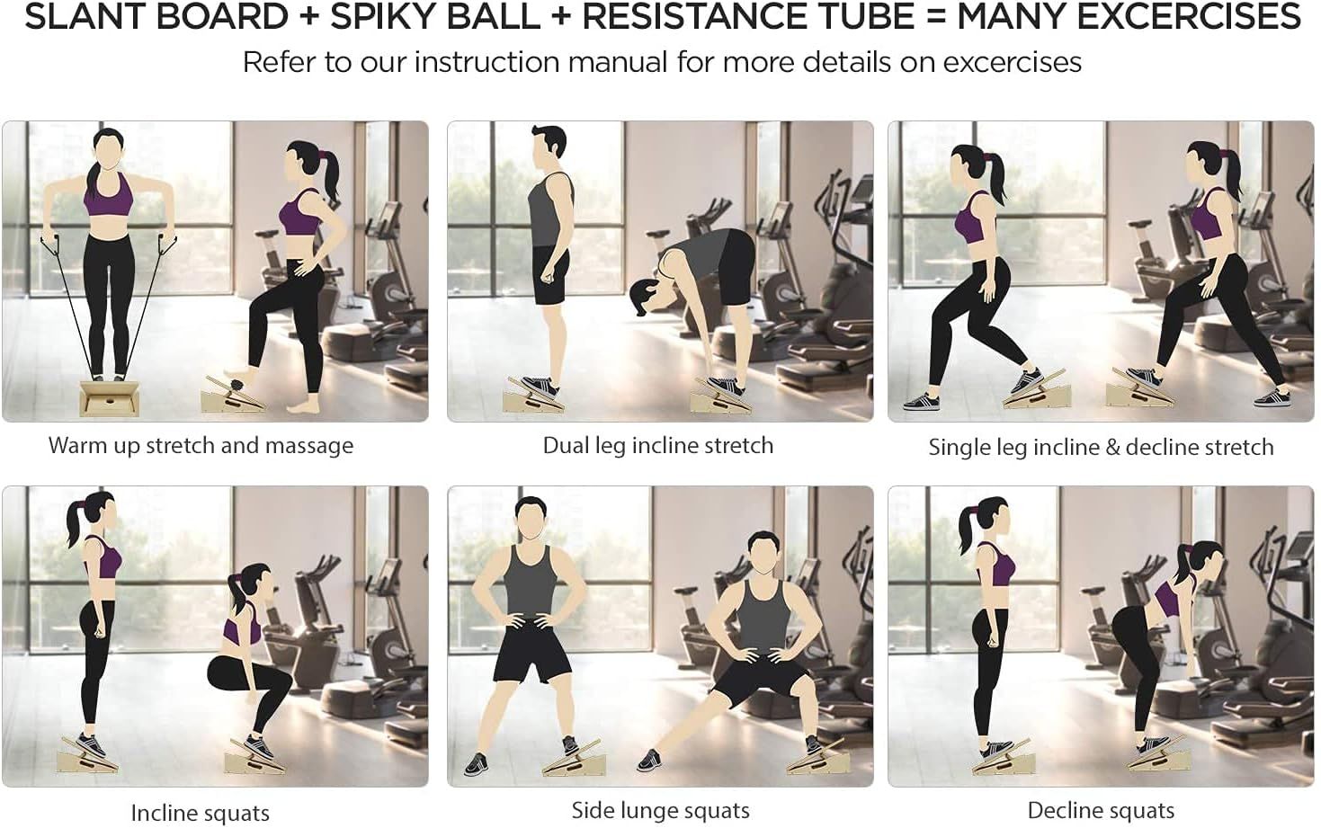 This image demonstrates multiple exercise variations using the slant board equipment to show shoppers the versatility and range of workouts possible with the product. Showcases the various ways the…