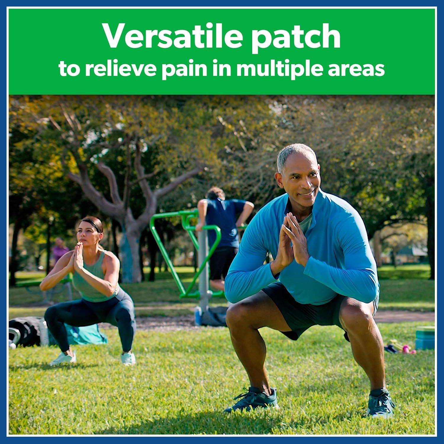 Communicates that the pain relief patch can be used on multiple areas of the body during various activities, demonstrating versatility and broad application. Highlights the key benefit that the…
