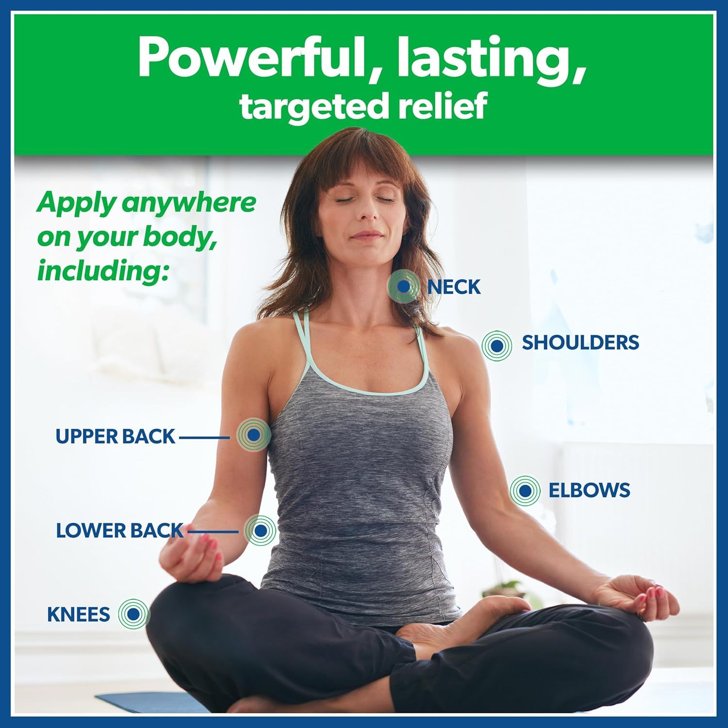 Demonstrates the versatility of the product by showing multiple body areas where it can be applied for pain relief, reassuring shoppers of its wide-ranging use. Communicates the core benefit of…