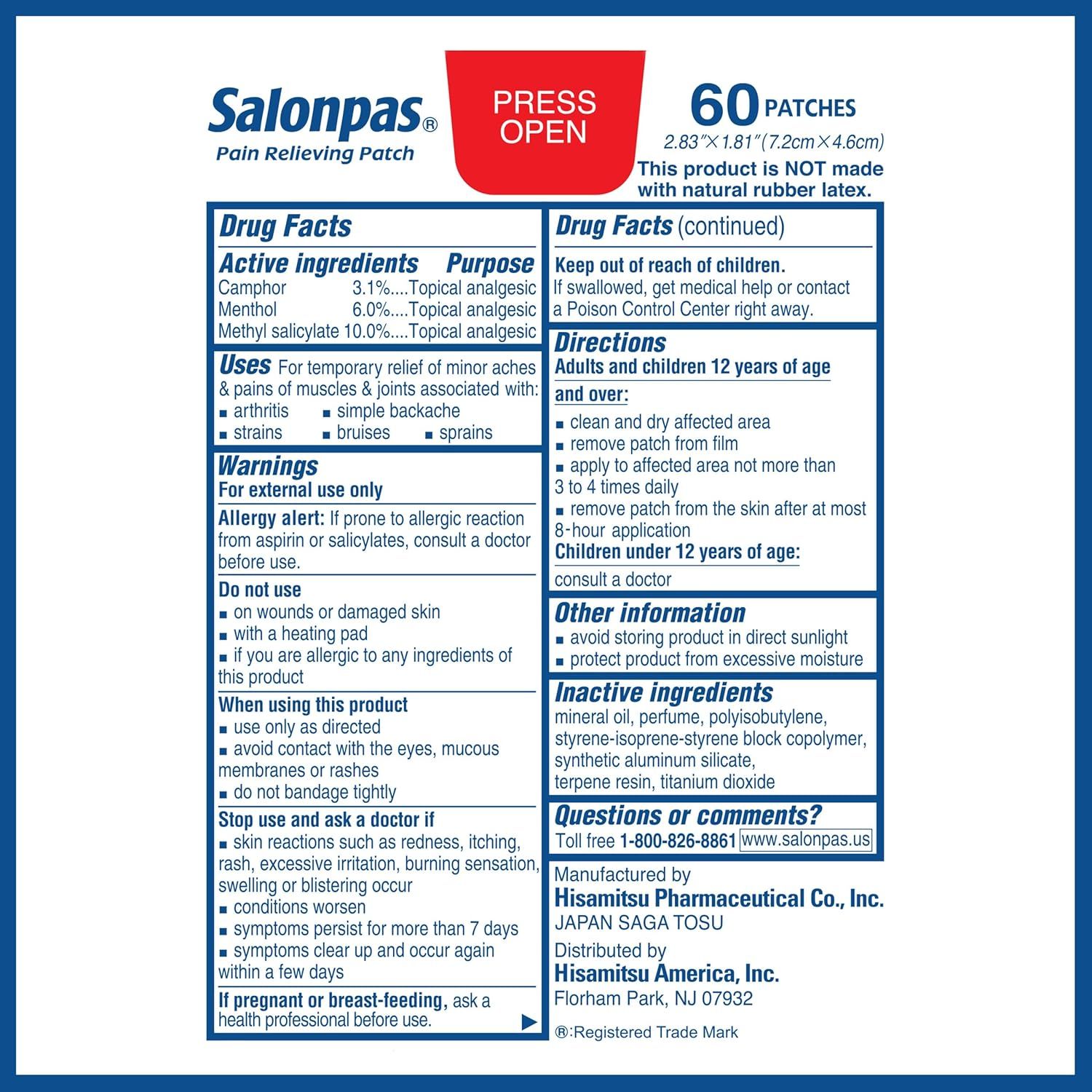 This image shows the product packaging and comprehensive drug facts label to inform shoppers about the brand, ingredients, usage instructions, and safety information for Salonpas Pain Relieving…