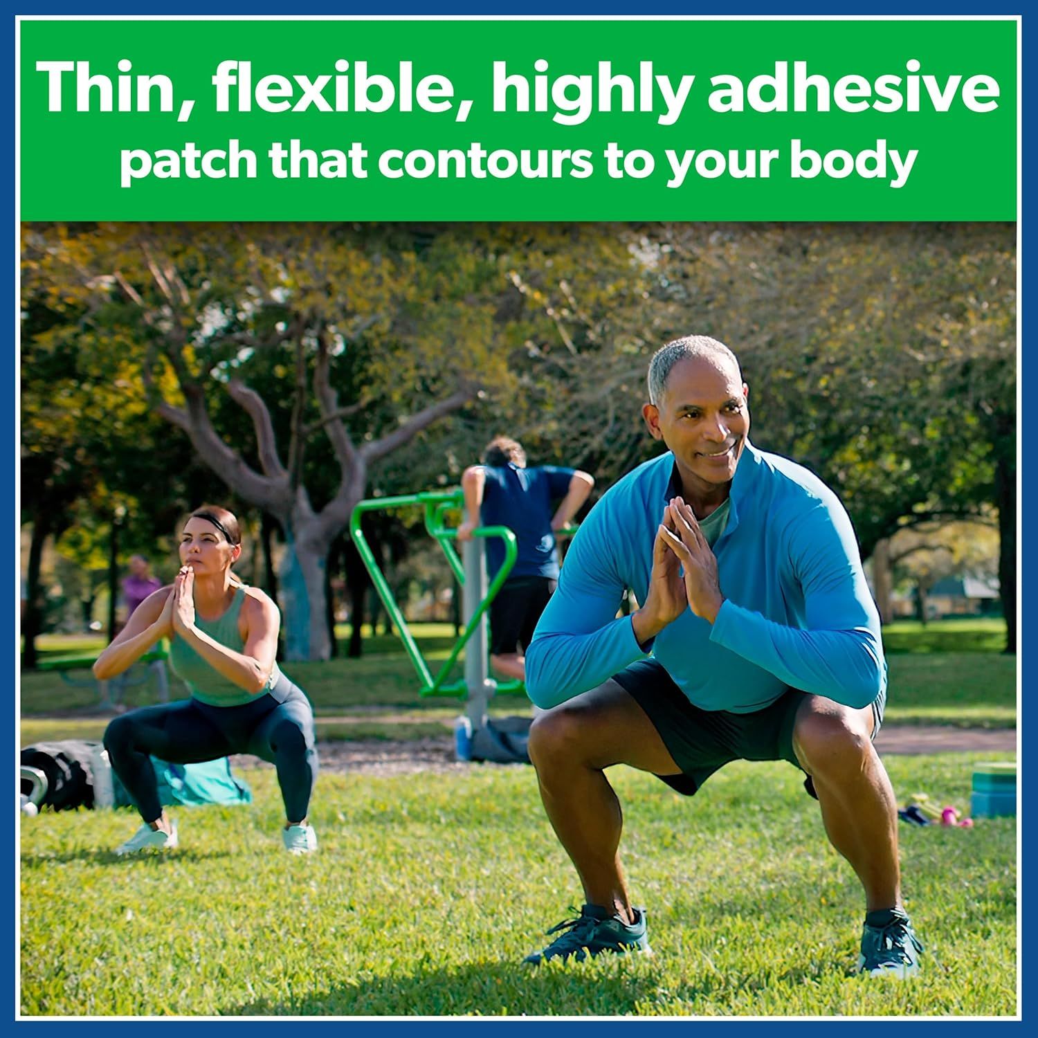 Communicates that the patch is thin, flexible, and highly adhesive, designed to contour to the body during active movement, reassuring shoppers it will stay in place during exercise.