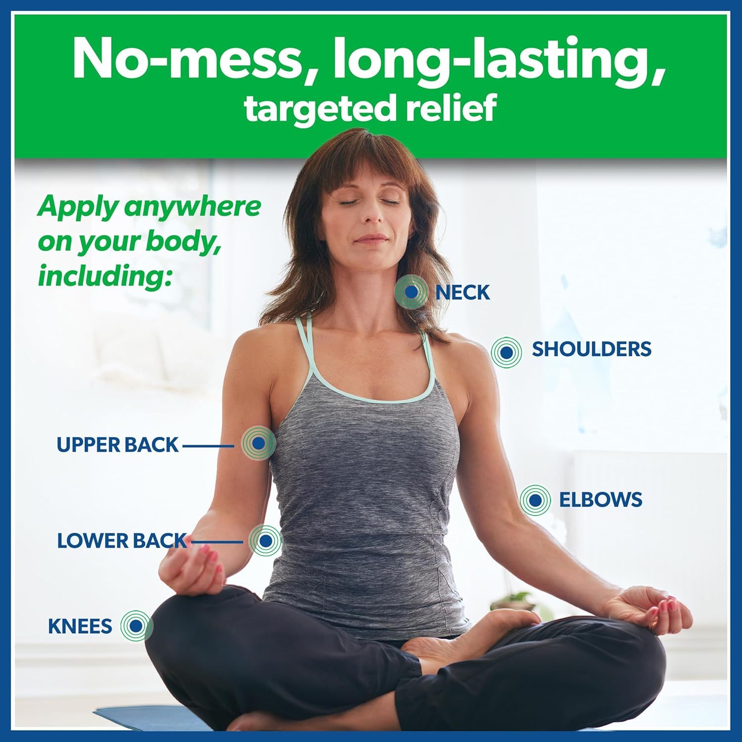 Demonstrates the versatility of the product by showing multiple body areas where it can be applied for targeted pain relief, reassuring shoppers of its wide-ranging use. Communicates the core…