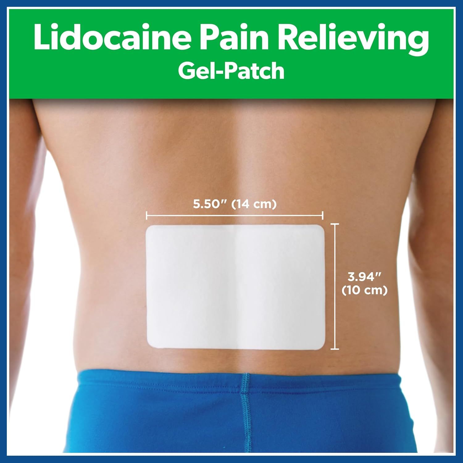 Communicates the exact physical dimensions of the pain relief gel-patch (5.50 x 3.94 inches) to help shoppers understand the coverage area and whether it will fit their needs. Demonstrates the…