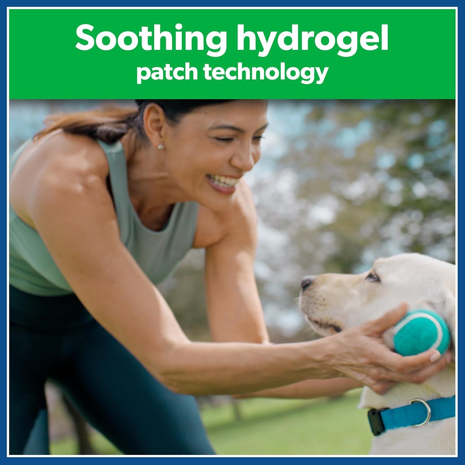 Communicates the product's key technology feature (hydrogel patch) to reassure shoppers about its soothing properties and effectiveness.