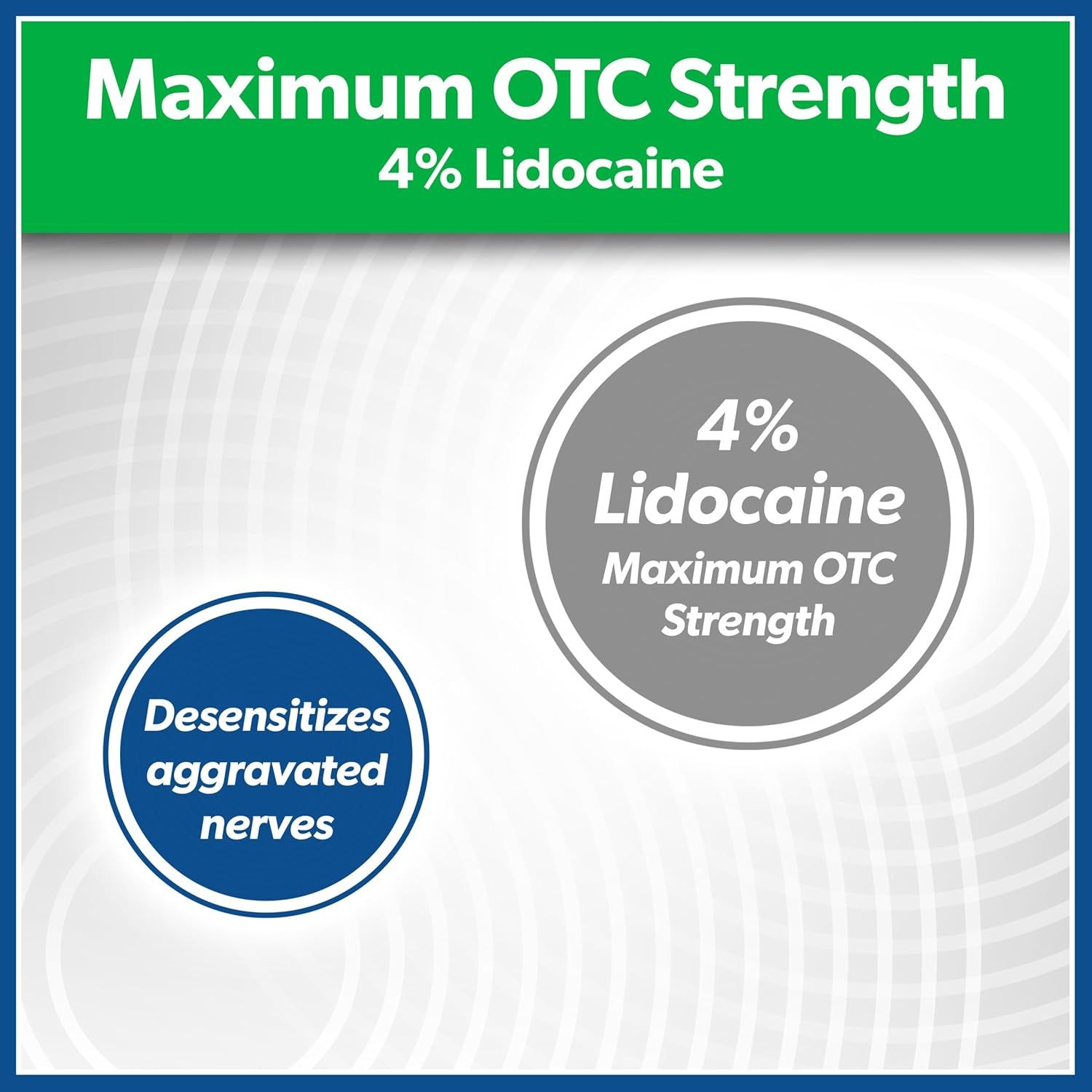 Communicates two distinct benefits in a visually segmented layout: the maximum strength formulation and the nerve desensitization effect to reassure shoppers of the product's effectiveness.