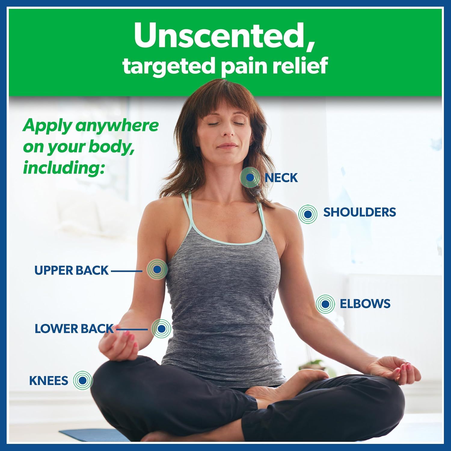 Demonstrates the versatility of the pain relief product by showing multiple body areas where it can be applied (neck, shoulders, upper back, lower back, elbows, knees), reassuring shoppers of its…