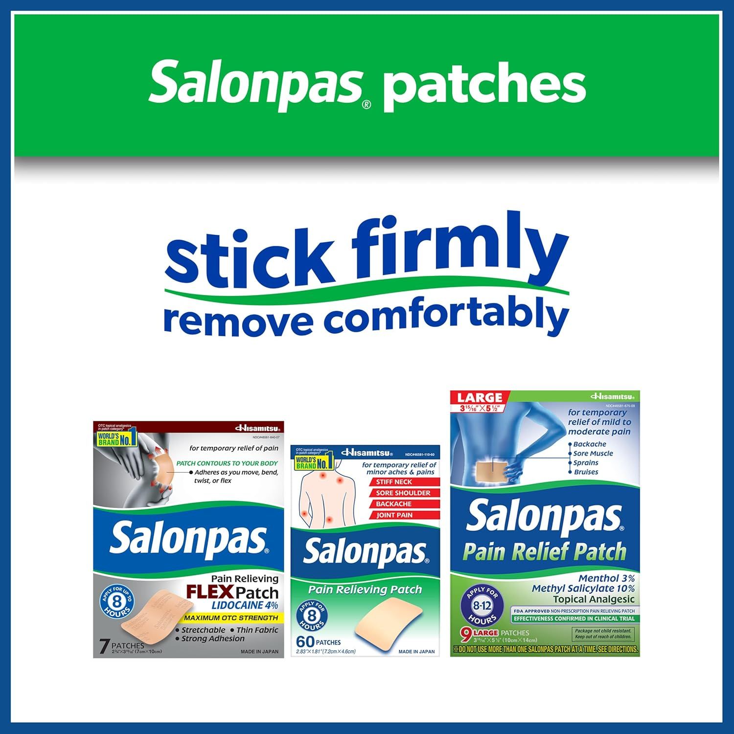 Communicates the dual benefit that the patches stick firmly during use but can be removed comfortably without pain or discomfort, reassuring shoppers about ease of use. Displays the Salonpas product…