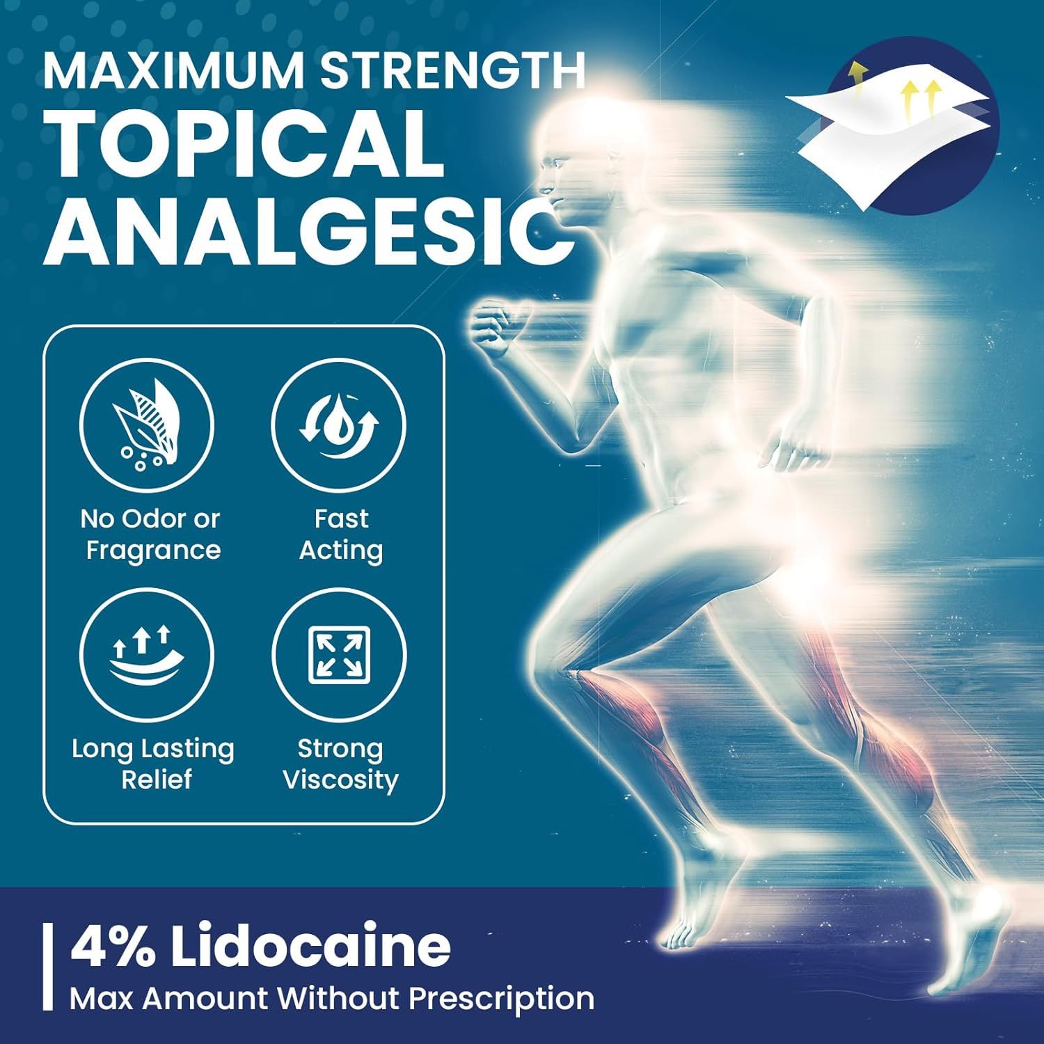 Communicates multiple key benefits of the topical analgesic product in a segmented layout, emphasizing its maximum strength formula, fast action, long-lasting relief, and other product advantages to…
