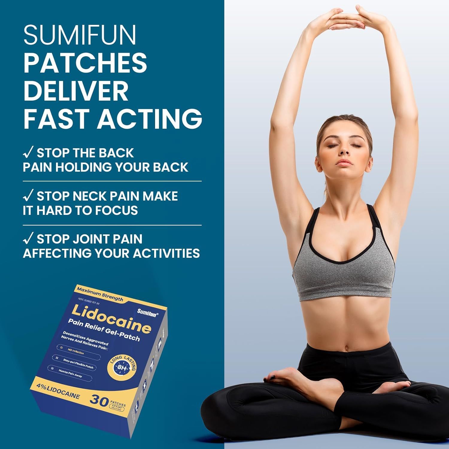 Communicates multiple distinct pain relief benefits of the lidocaine patches, showing how the product addresses back pain, neck pain, and joint pain to help shoppers resume activities.