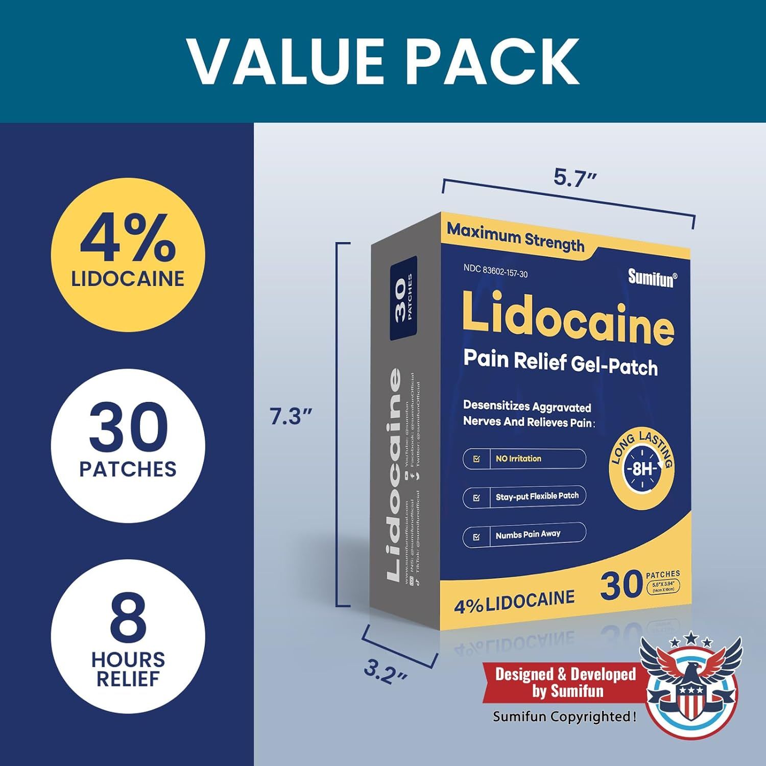 Communicates multiple key benefits and product specifications in a segmented layout to show shoppers the value, strength, quantity, and duration of pain relief provided by this lidocaine patch…