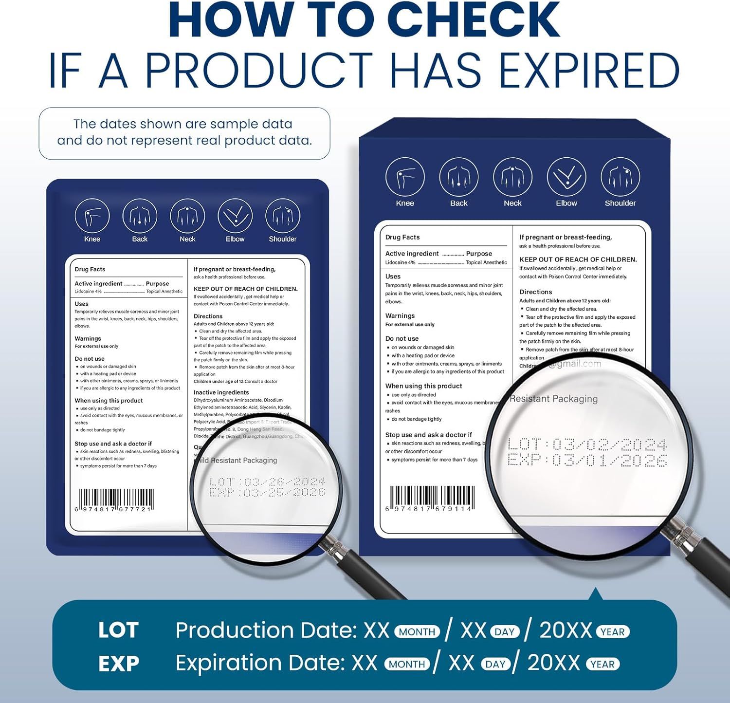Educates shoppers on how to locate and read the expiration date on the product packaging to ensure product safety and effectiveness.