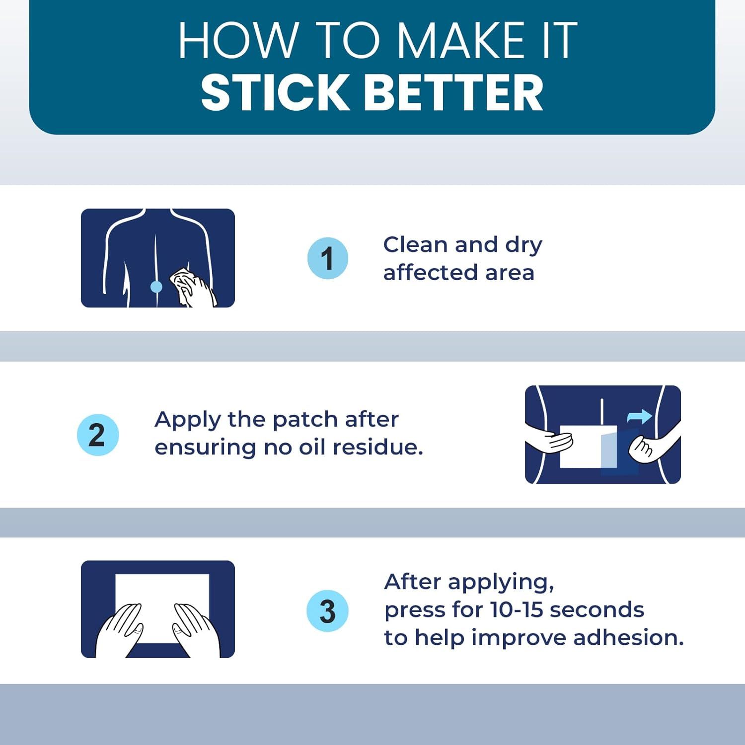 Provides step-by-step instructions on how to properly apply the patch product to ensure it sticks better and works effectively.