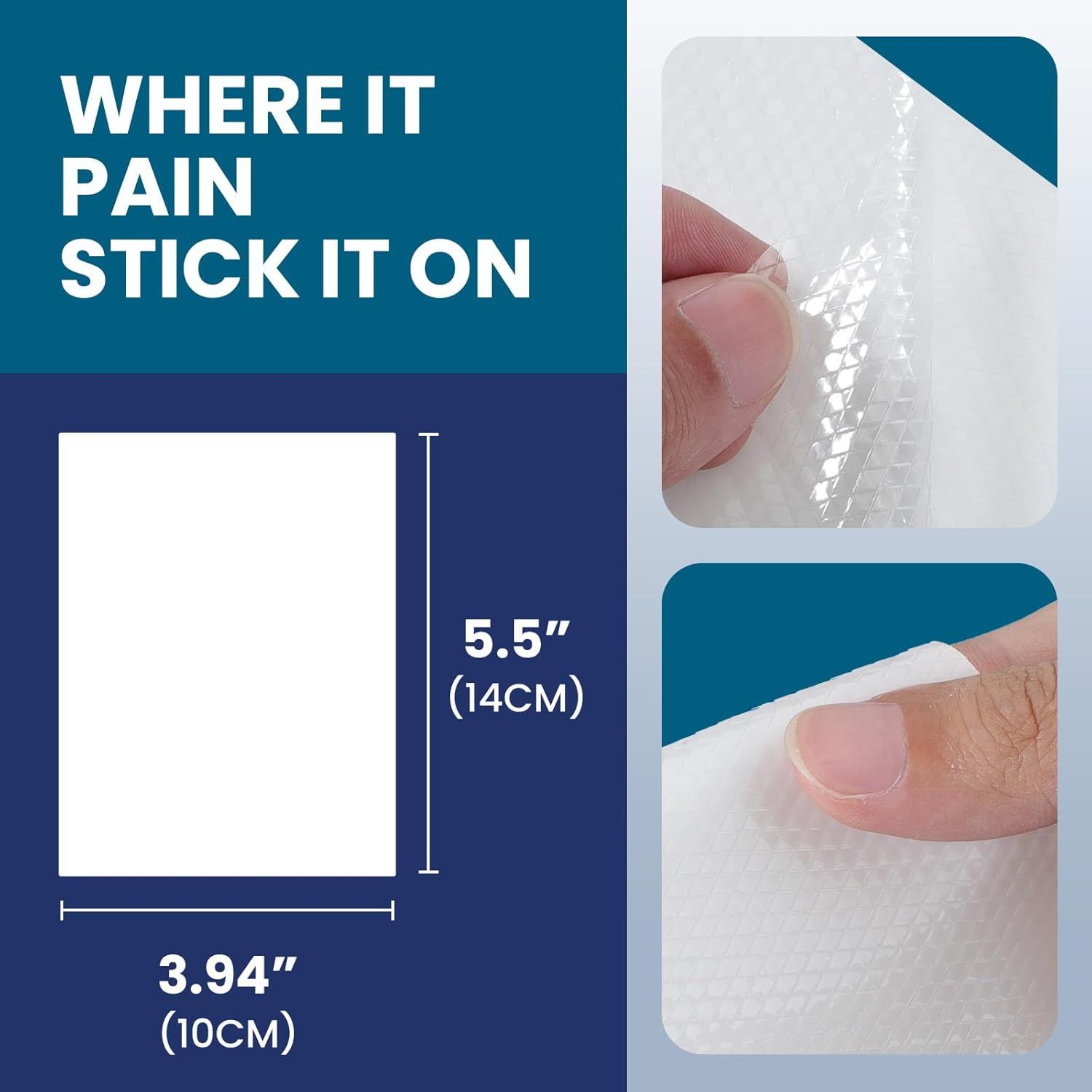 Shows the exact physical dimensions of the product (5.5" x 3.94") to help shoppers understand the size of each patch. Communicates the simple application benefit with the tagline WHERE IT PAIN STICK…