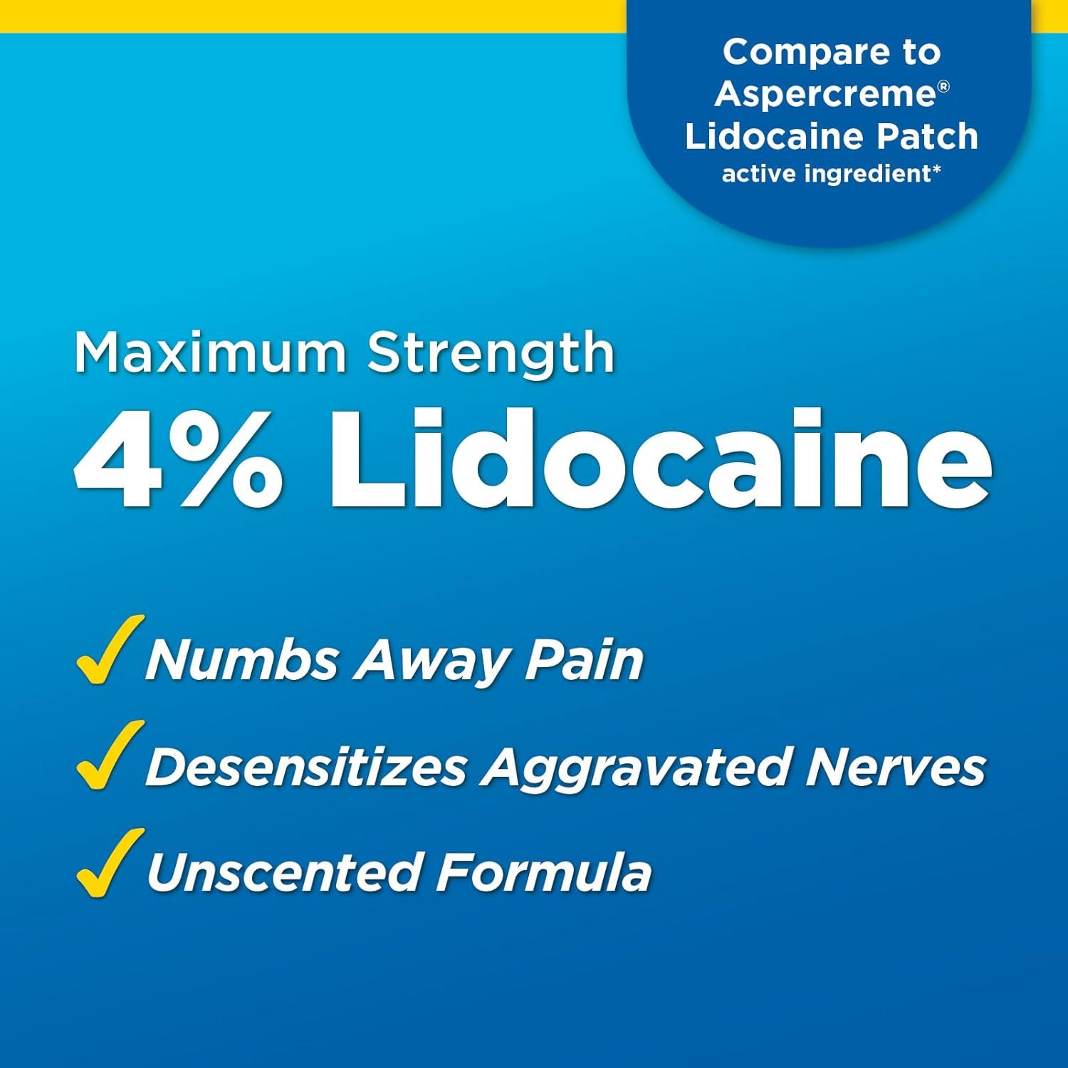 Communicates that this product matches the active ingredient strength of the name-brand Aspercreme Lidocaine Patch, positioning it as a comparable alternative. Highlights three distinct product…
