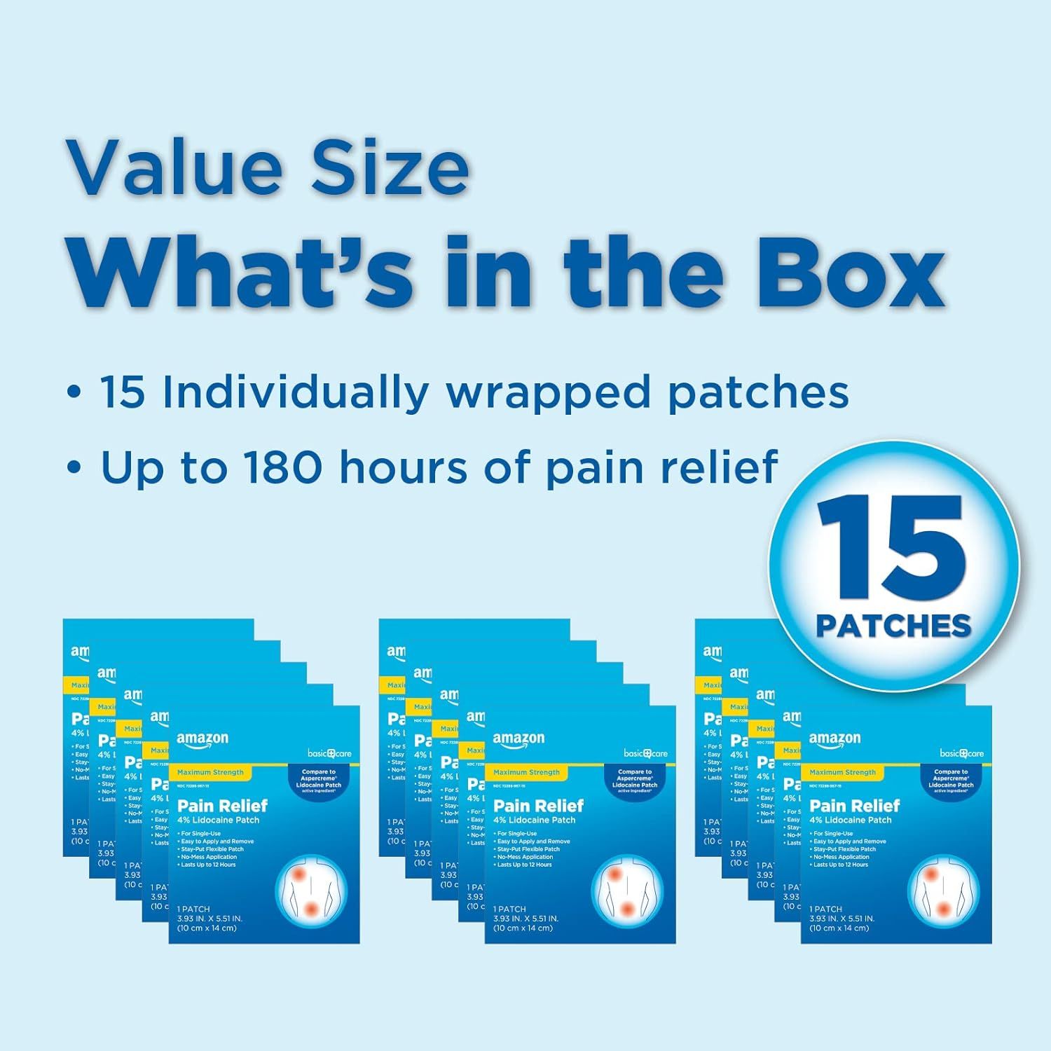 Communicates the quantity and value proposition of the product by showing that the customer receives 15 individually wrapped patches providing up to 180 hours of pain relief.