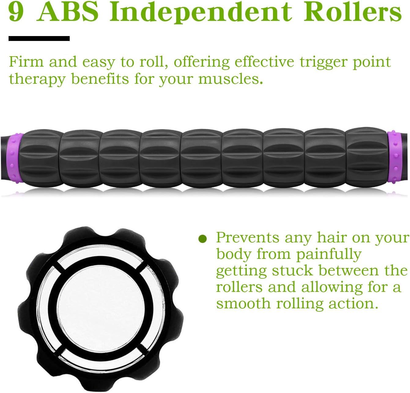Communicates multiple distinct benefits of the foam roller: the 9 independent rollers for effective muscle therapy, and the hair-safe design that prevents hair from getting caught during use.
