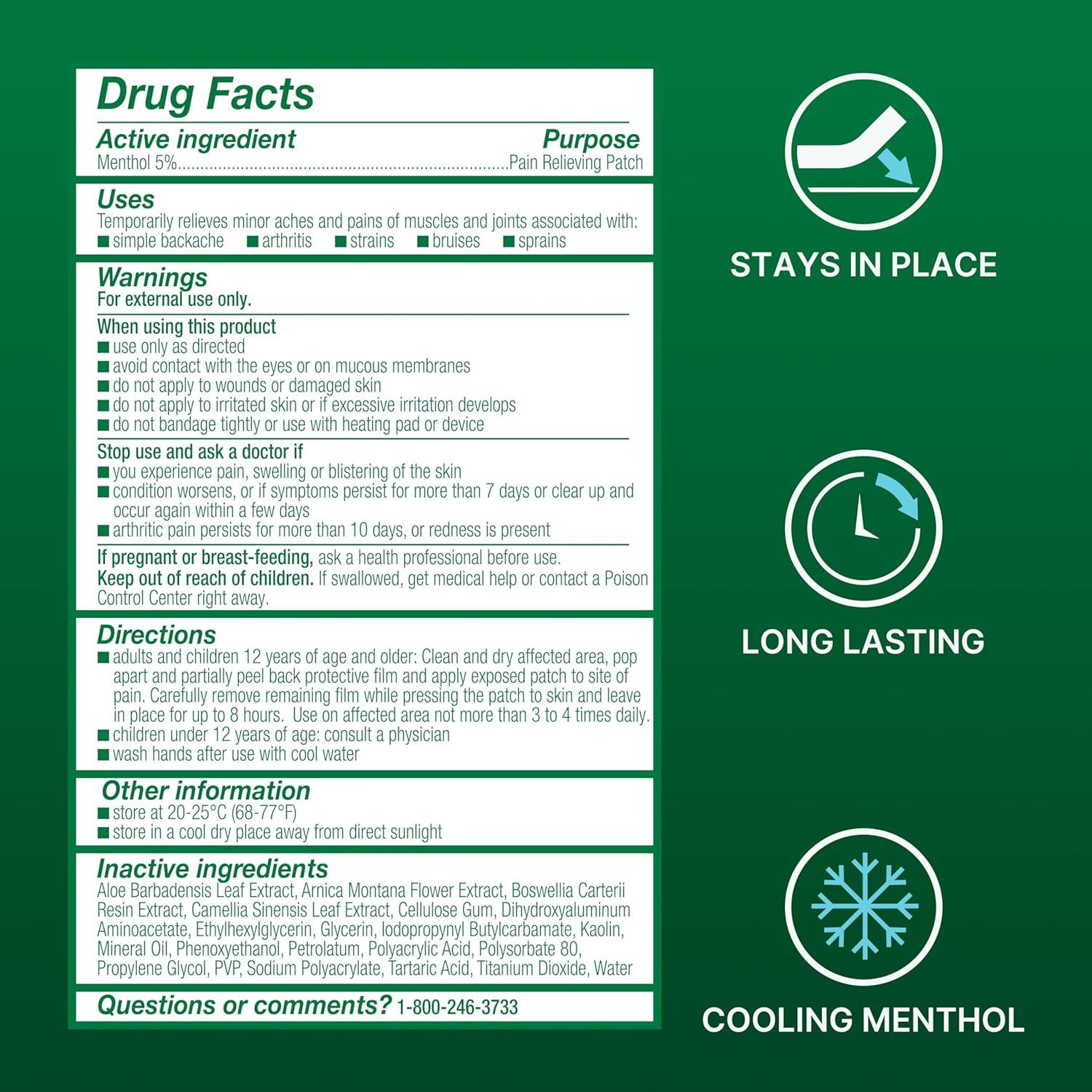 Communicates three distinct product benefits in a segmented layout to reassure shoppers that the pain relief patch adheres well, lasts long, and provides cooling relief.