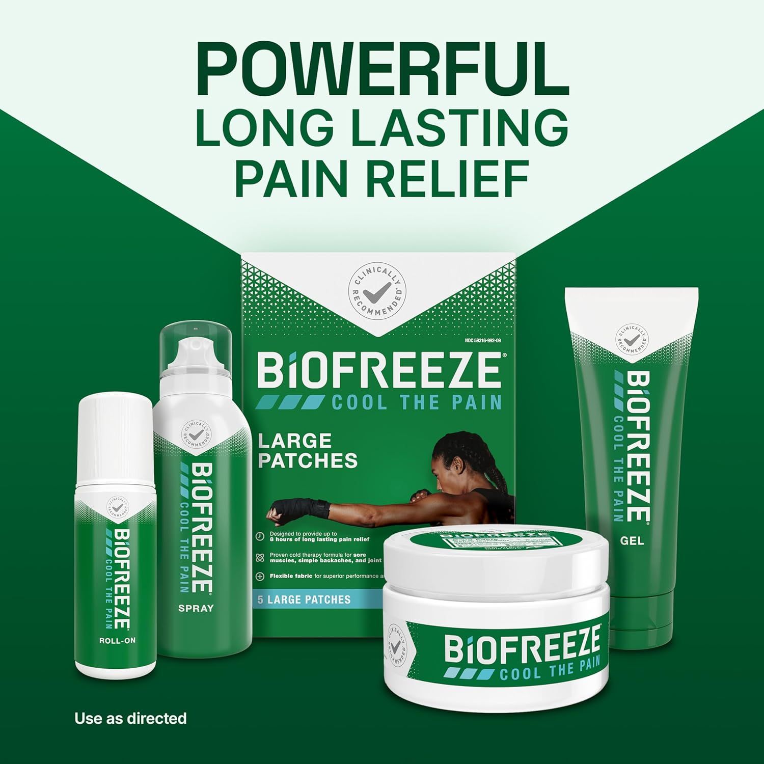 Displays the full Biofreeze product lineup (roll-on, spray, patches, gel, tube) to help shoppers understand the variety of formats available and choose the best option for their pain relief needs.
