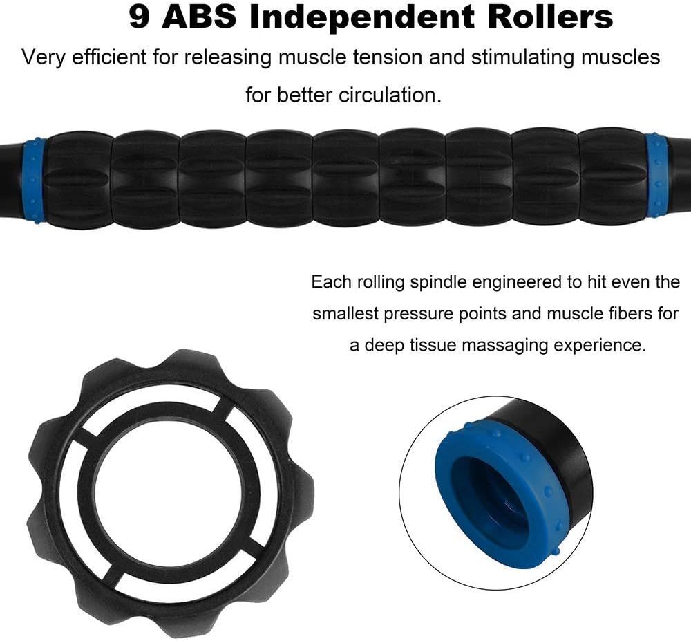 Breaks down the physical components of the massage roller to show how the 9 independent rollers and spindle design work together to provide deep tissue massage and target pressure points.