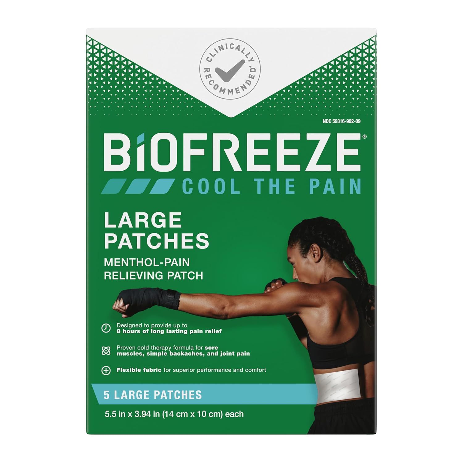 Communicates multiple distinct benefits of the pain relief patches in a segmented layout with icons, showing duration of relief, therapeutic effectiveness, and comfort features to help shoppers…