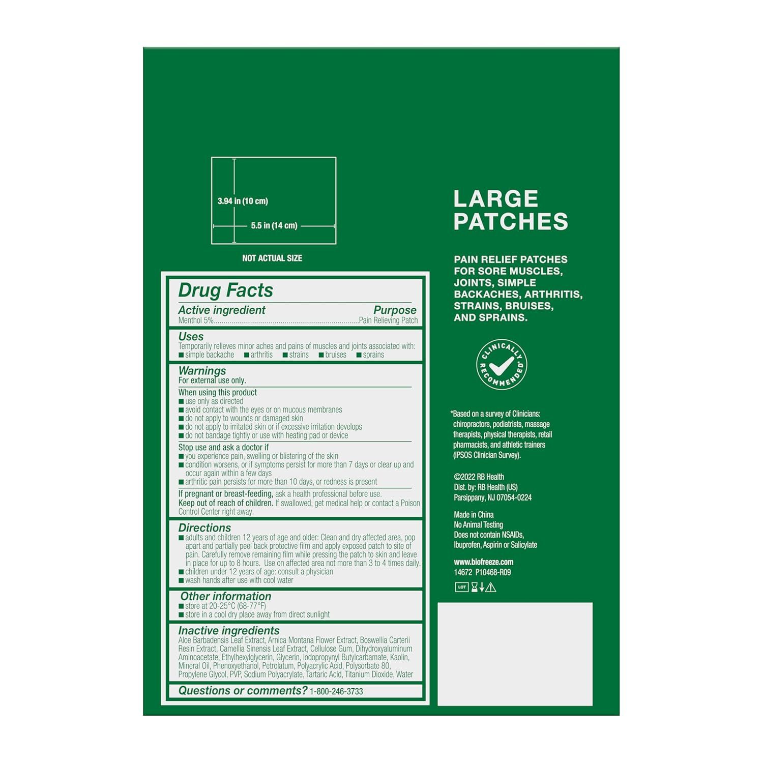 Communicates the physical size of the pain relief patches (3.84 in x 5.5 in) to help shoppers understand the coverage area and ensure it fits their needs. Highlights multiple benefits including…