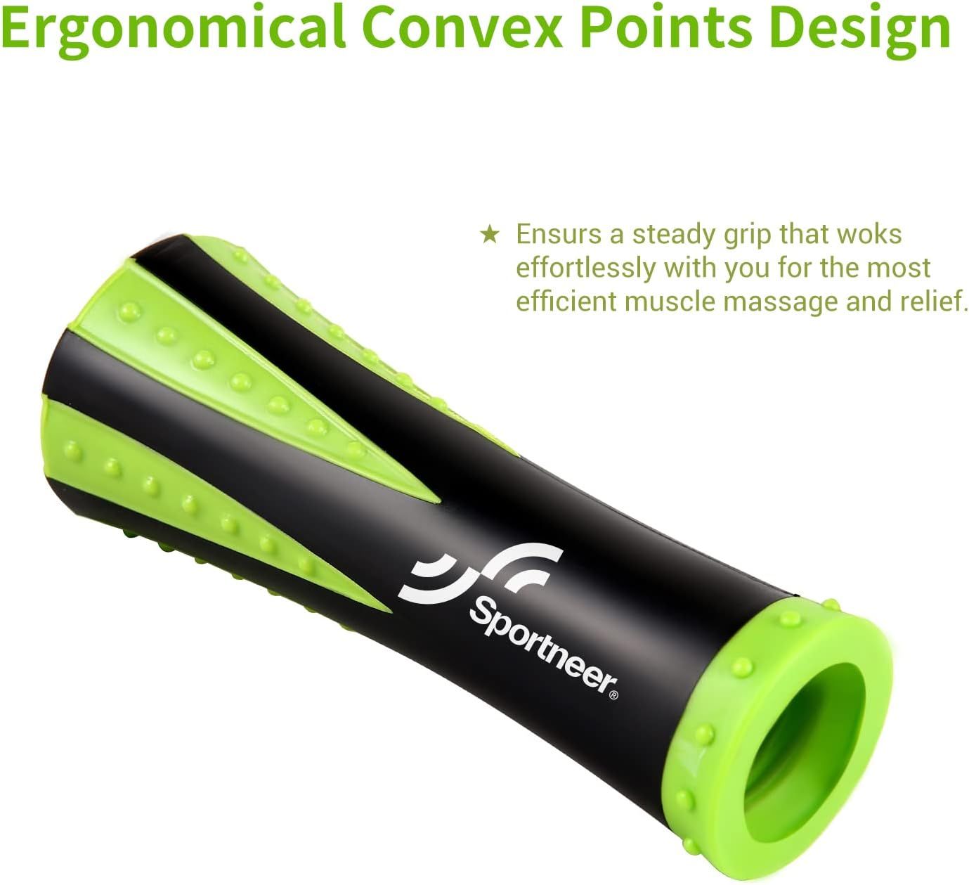 Highlights the physical design features of the massage roller, specifically the convex points and ergonomic grip, to show how the product's structure enables effective muscle massage and comfortable…