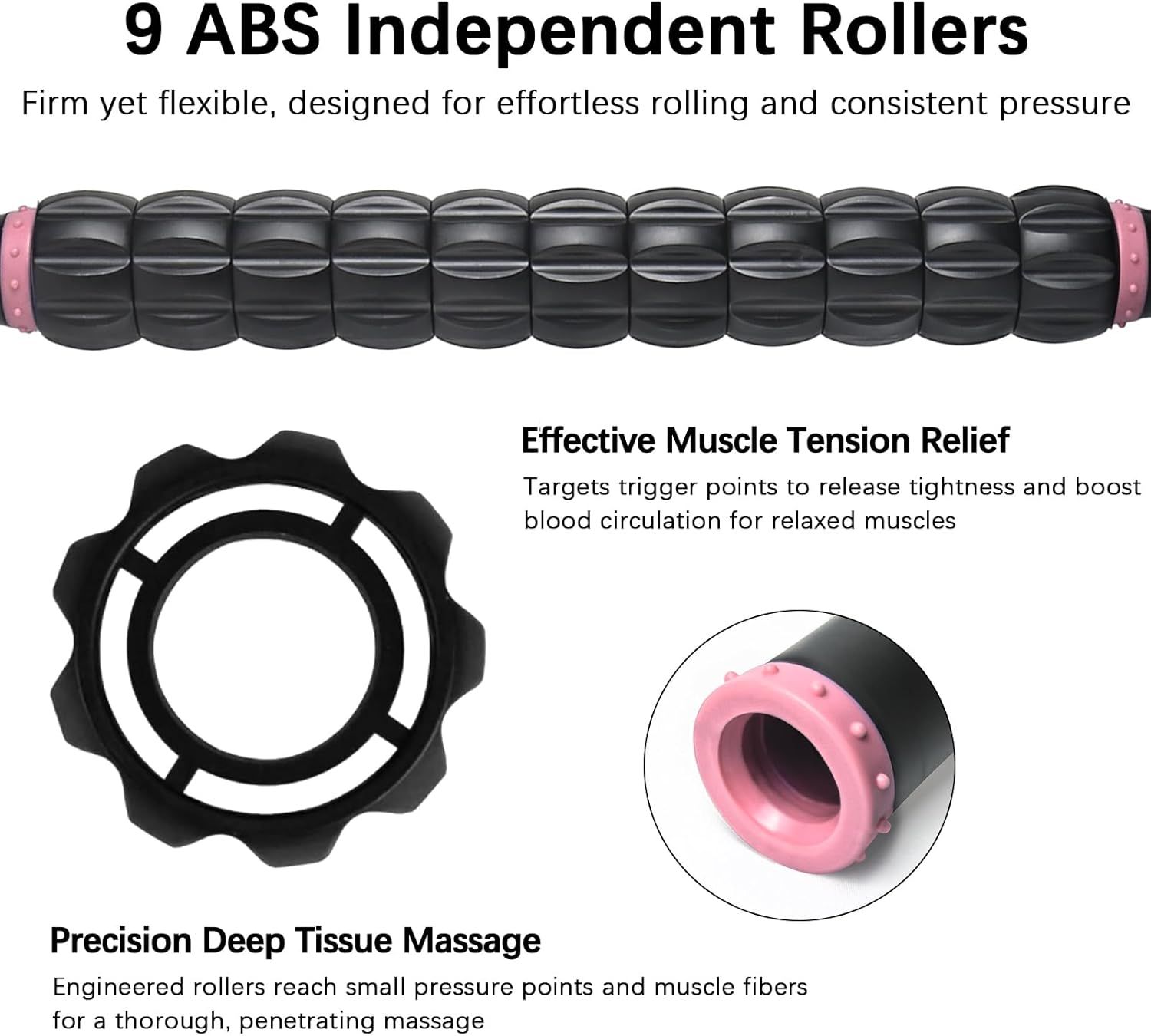 Communicates multiple distinct benefits of the foam roller: the 9-roller construction for consistent pressure, muscle tension relief through trigger point targeting, and deep tissue massage…
