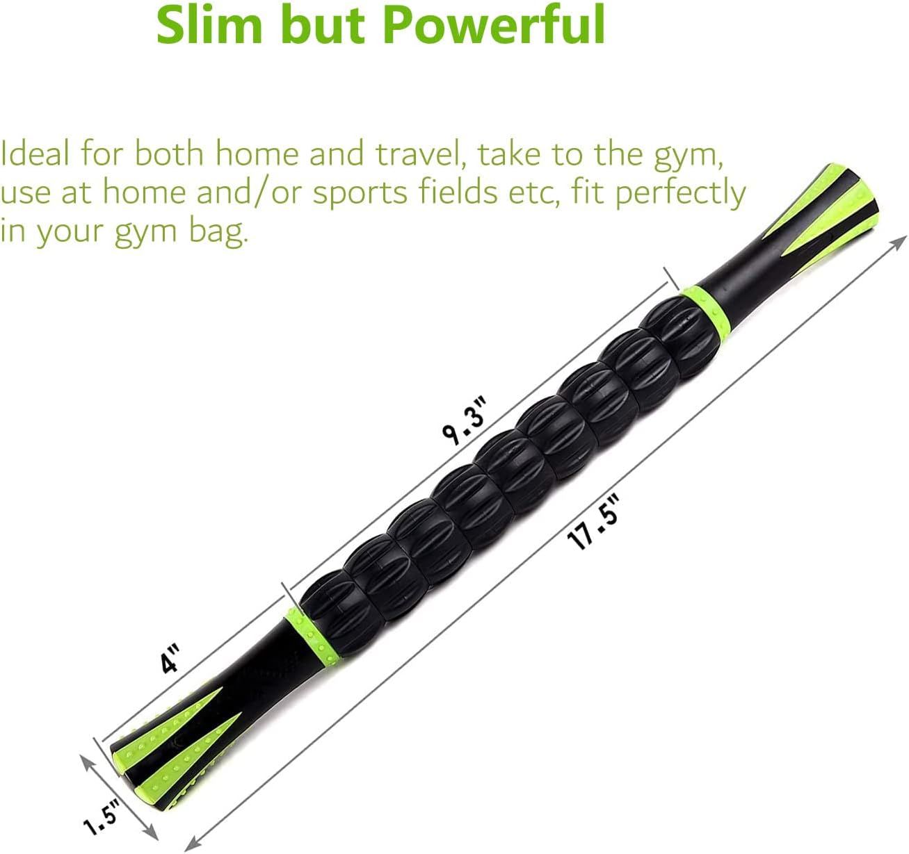 Communicates the exact physical dimensions of the massage roller to show it's compact and portable, fitting easily in a gym bag for home or travel use. Highlights the product's slim, portable design…