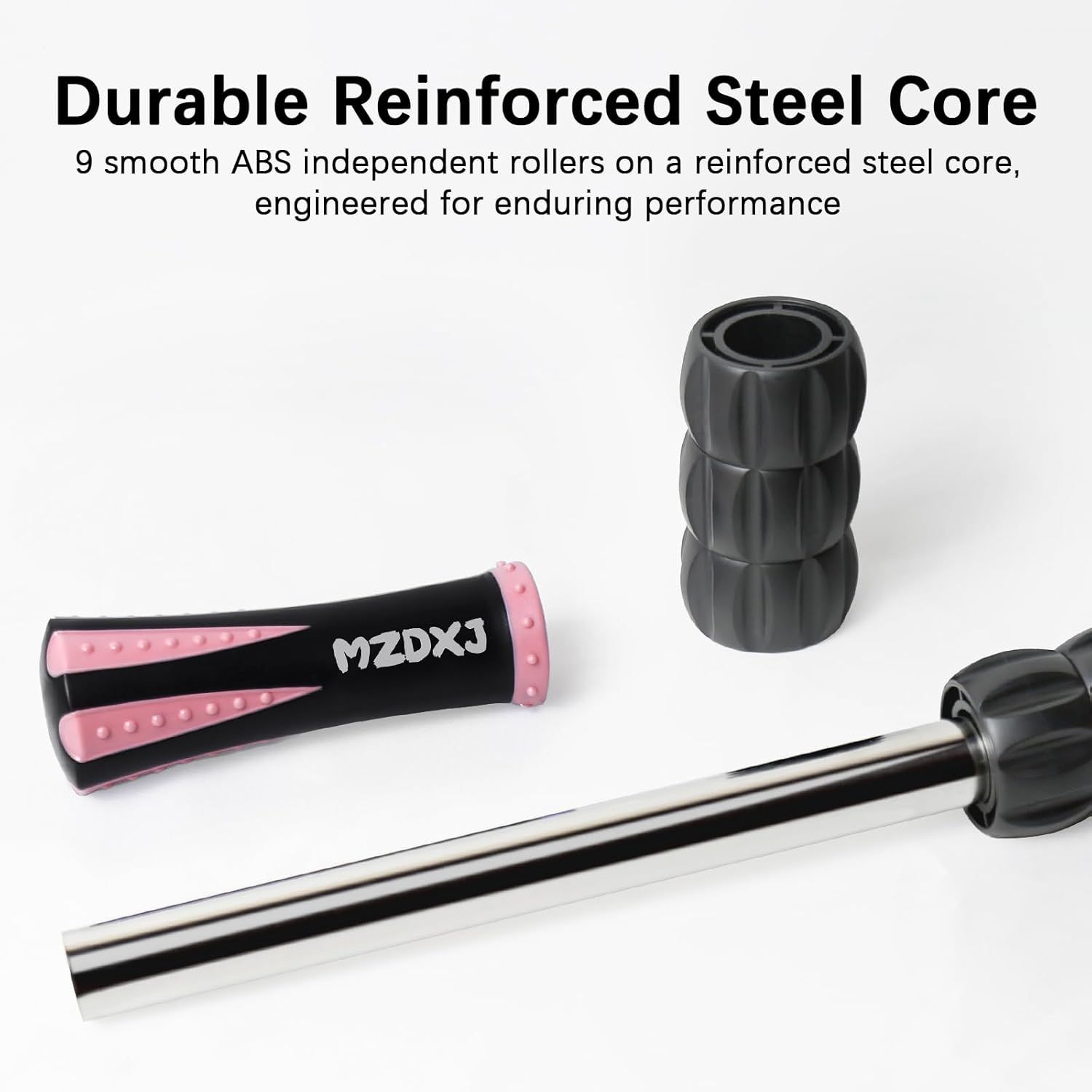 Highlights the internal construction and component materials of the ab roller to communicate durability and engineering quality. Communicates the product's durability and long-lasting performance…