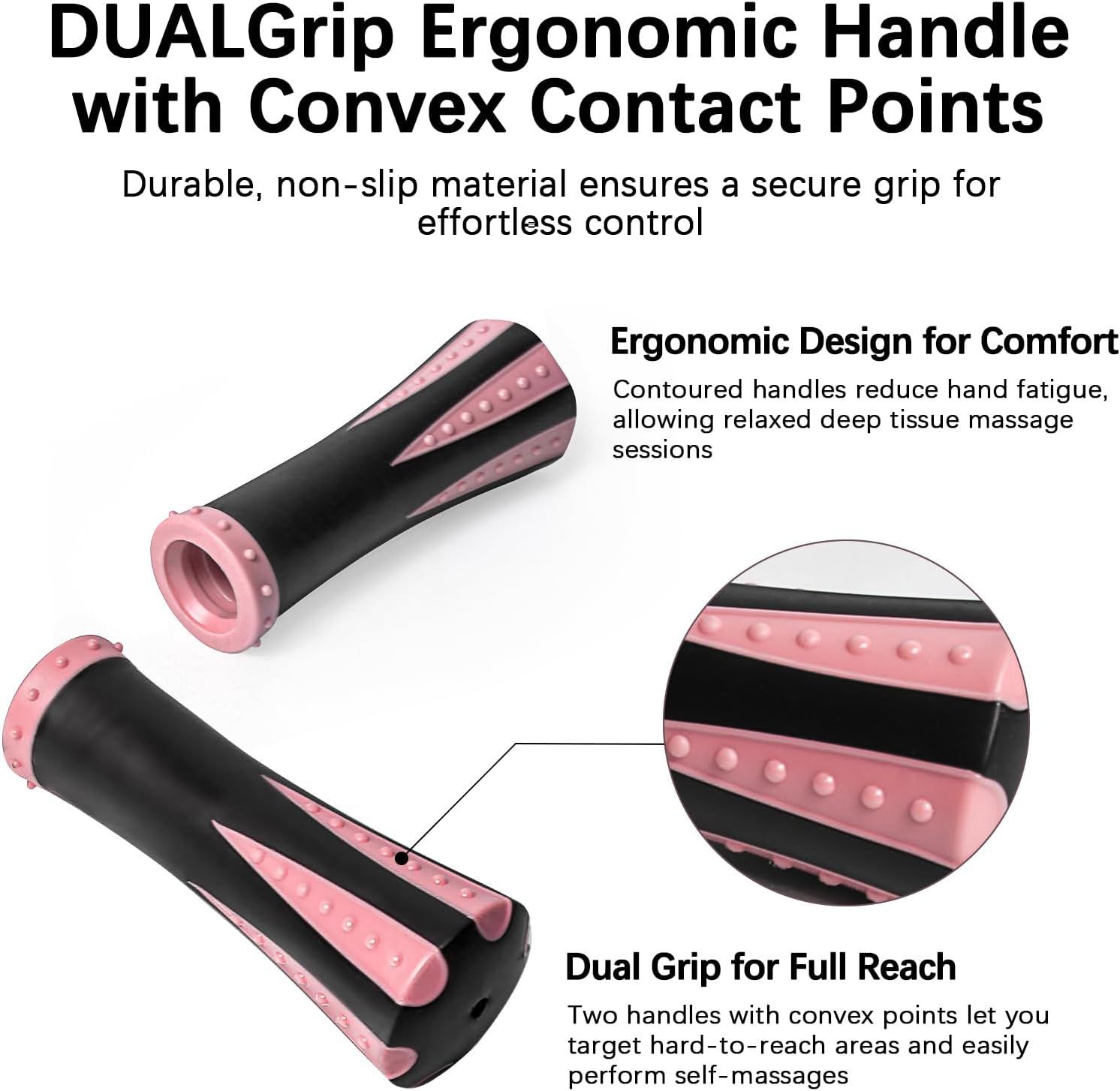 This image breaks down the physical components of the massage tool handles, highlighting the dual-grip design, ergonomic contoured shape, and convex contact points to show shoppers how the product…
