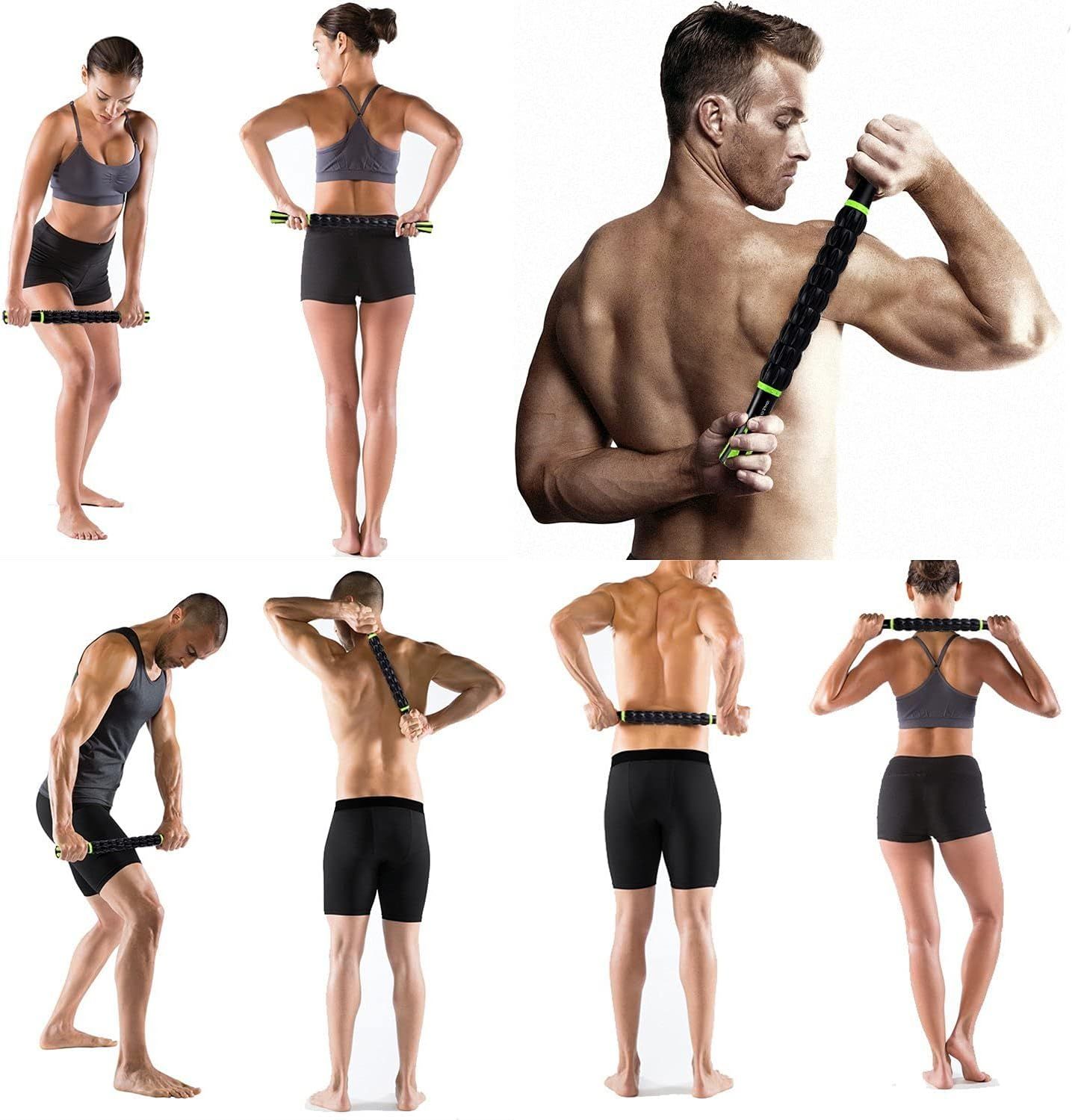 Demonstrates the multiple ways the resistance bar can be used across different body parts and exercise positions, showing shoppers the product's versatility for full-body training.