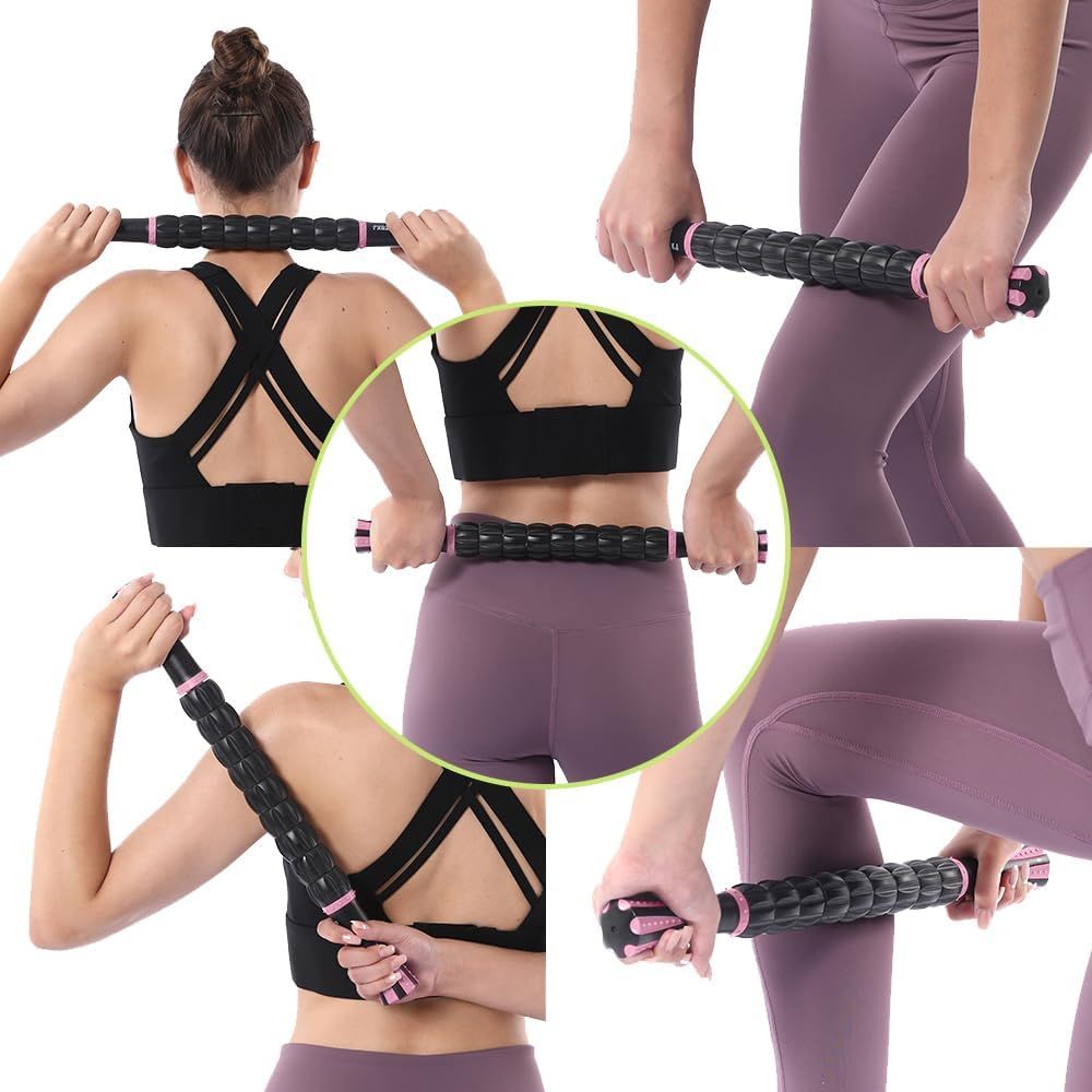 Demonstrates the multiple ways the massage/exercise bar can be used across different body positions and workout scenarios to show its versatility and multi-functional applications.