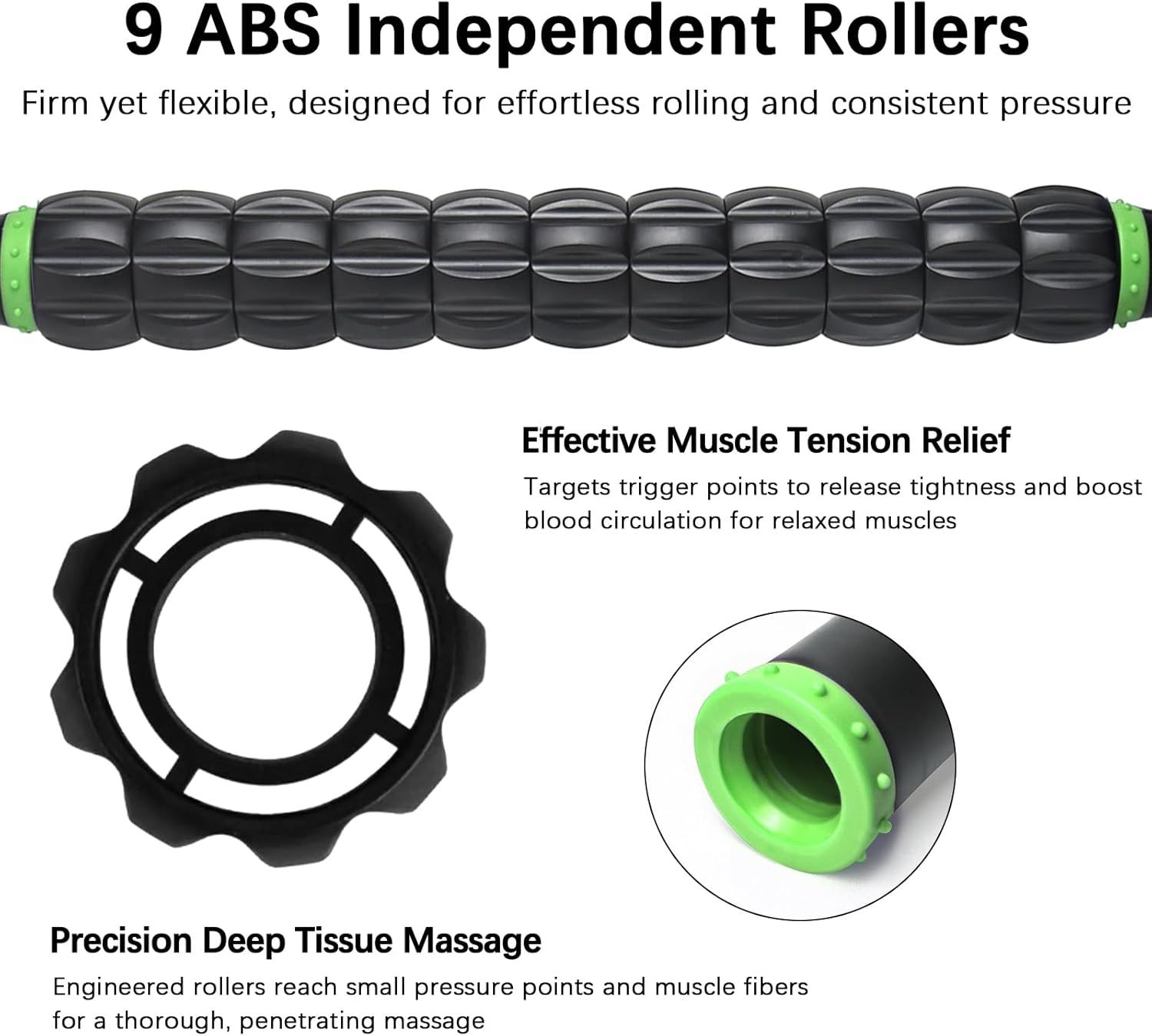 Communicates multiple distinct benefits of the foam roller: the 9-roller construction for consistent pressure, muscle tension relief through trigger point targeting, and deep tissue massage…