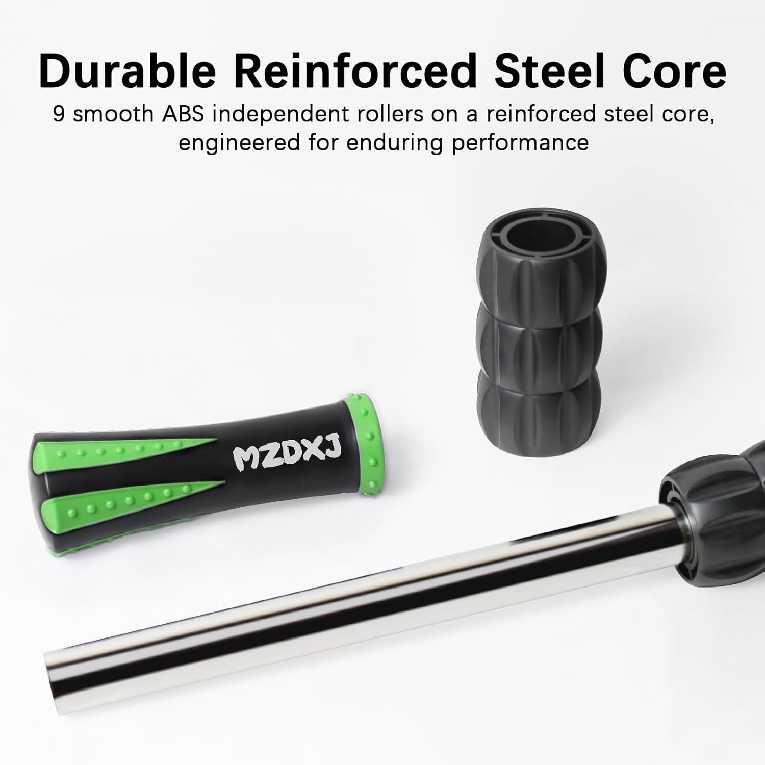 Highlights the internal construction and material quality of the ab roller, emphasizing the reinforced steel core and 9 smooth ABS rollers to communicate durability and engineering quality.