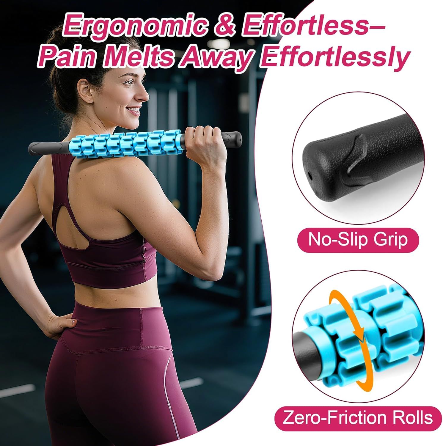 Highlights the physical design features of the massage roller stick, specifically the ergonomic no-slip grip handles and the zero-friction rolling mechanism, to communicate ease of use and effective…