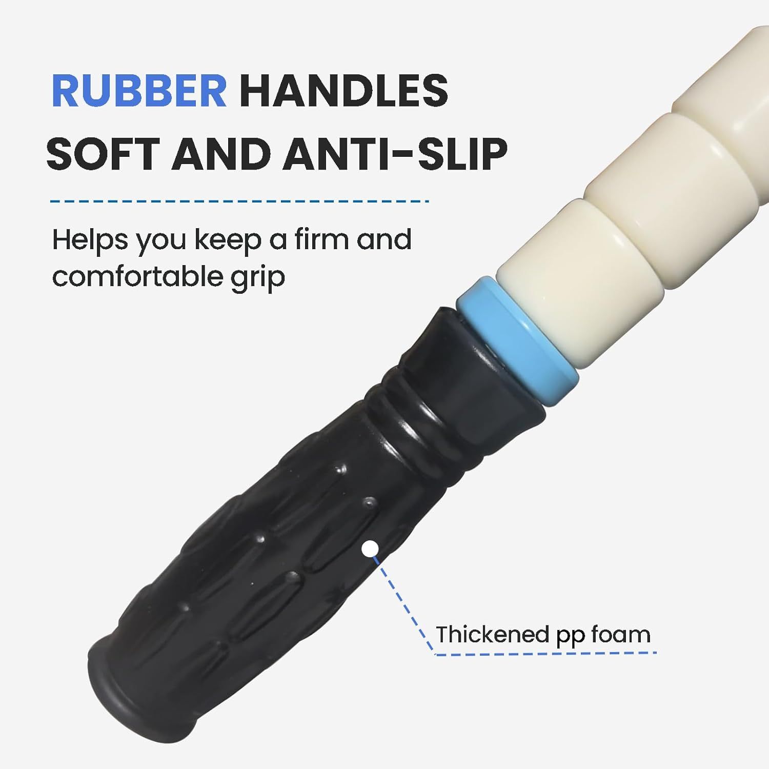 Highlights the physical components of the product's handle—rubber grip and thickened foam—to communicate comfort, anti-slip safety, and ergonomic design.