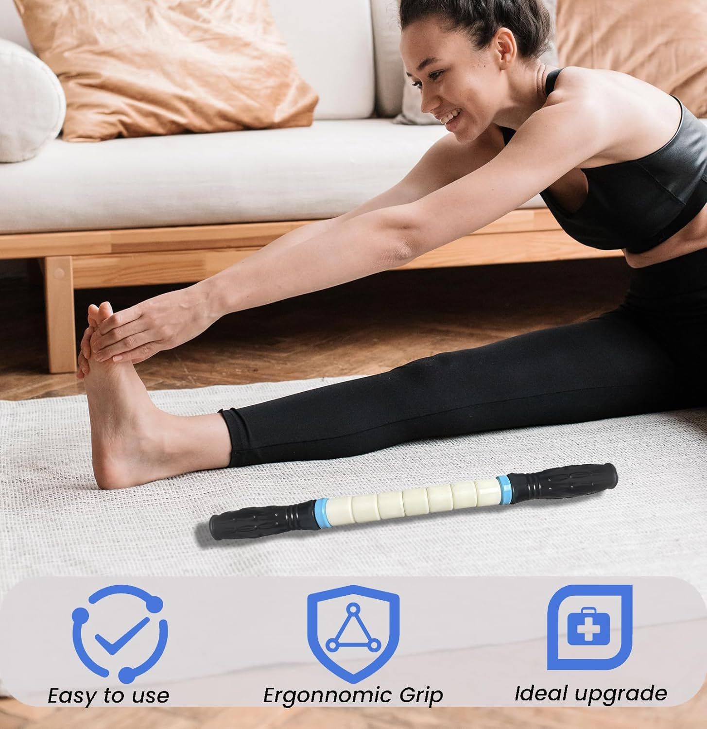Highlights three distinct benefits of the massage roller stick in a segmented layout to communicate ease of use, comfortable grip design, and value as an upgrade option for fitness enthusiasts.