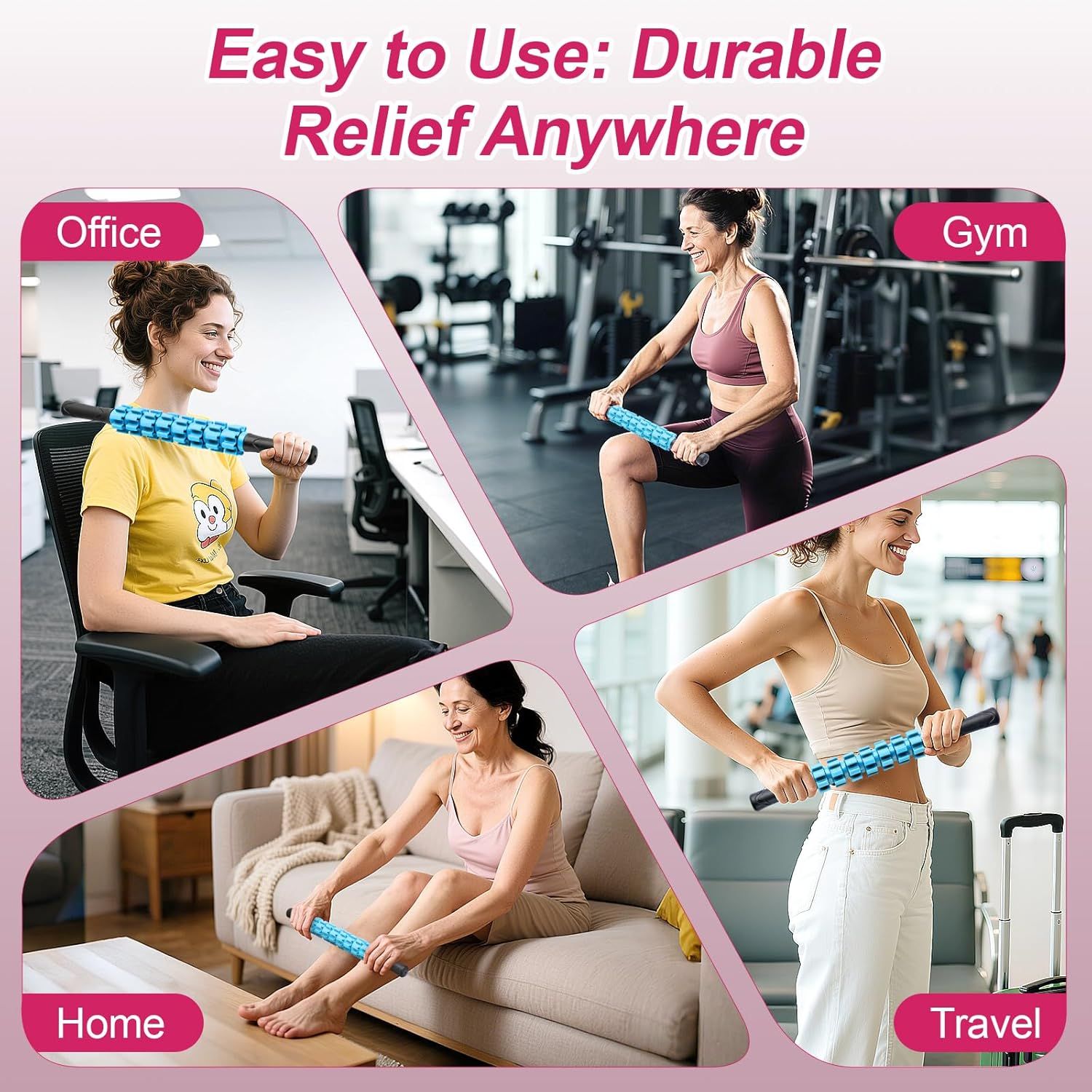 Demonstrates the product's versatility by showing it can be used in four different environments and scenarios, reassuring shoppers that it fits seamlessly into various aspects of their lifestyle.