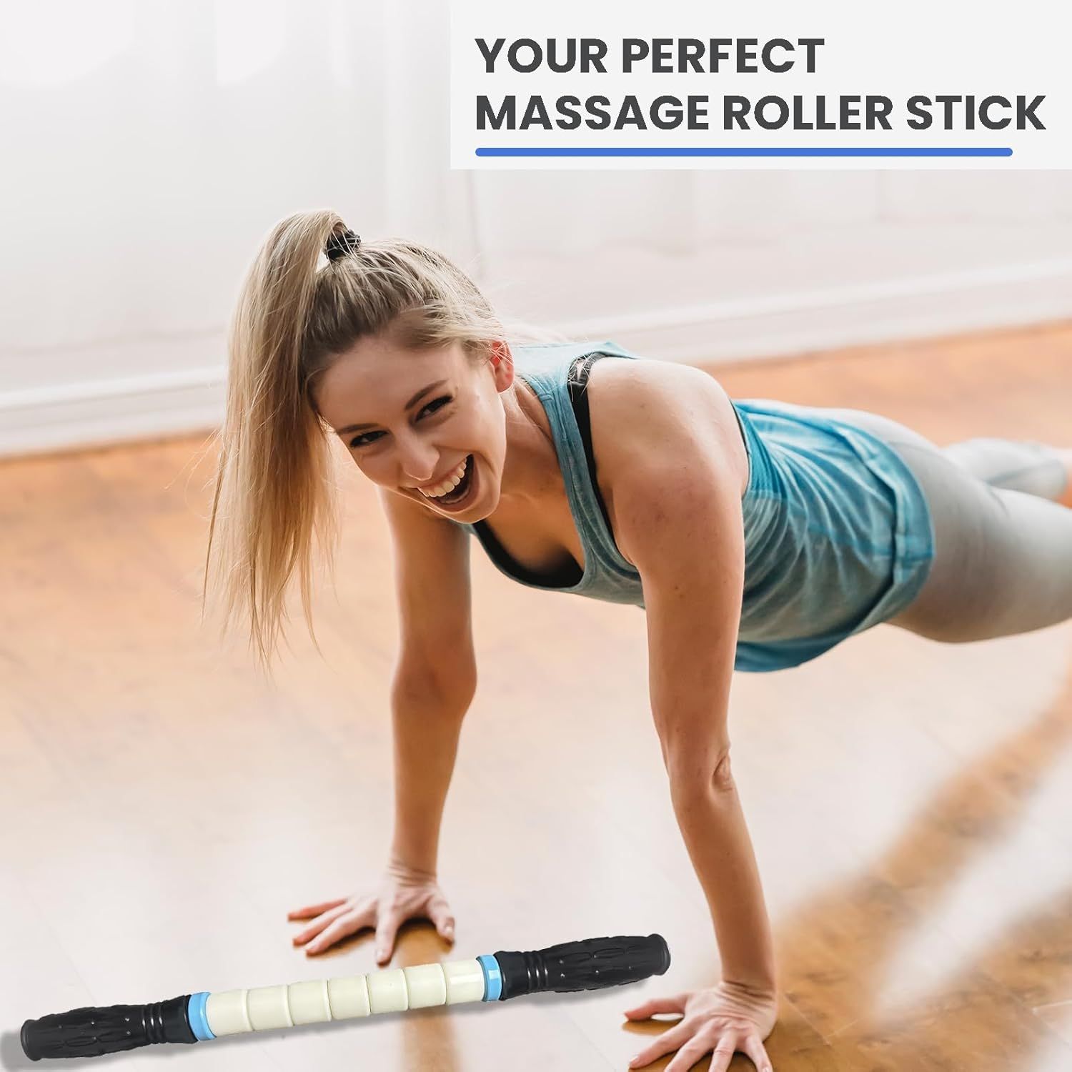 Demonstrates the massage roller stick being used in a fitness/exercise context, showing shoppers how the product fits into their workout routine for muscle recovery. Shows the product in a…