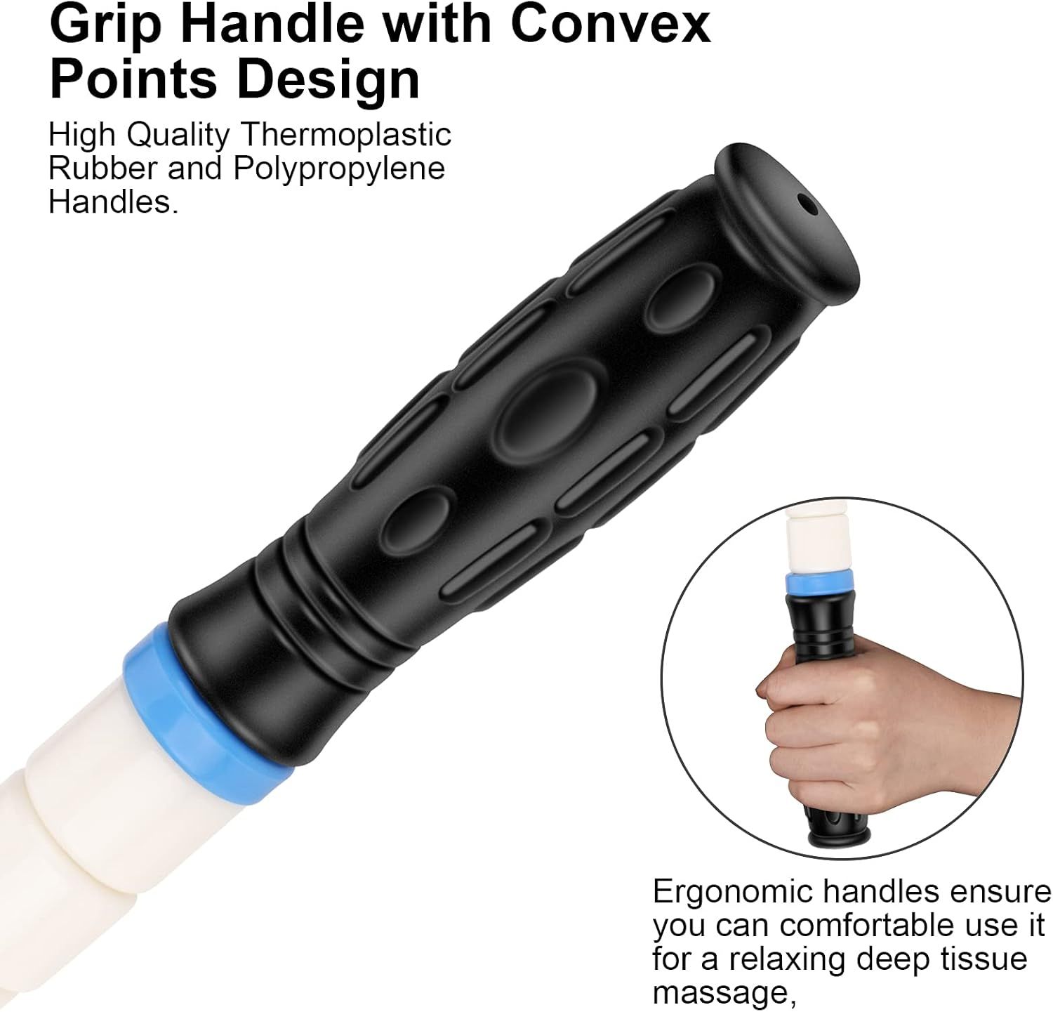 Highlights the ergonomic grip handle design with convex points and quality materials to communicate comfort and ease of use during massage sessions. Emphasizes the comfortable, ergonomic design that…