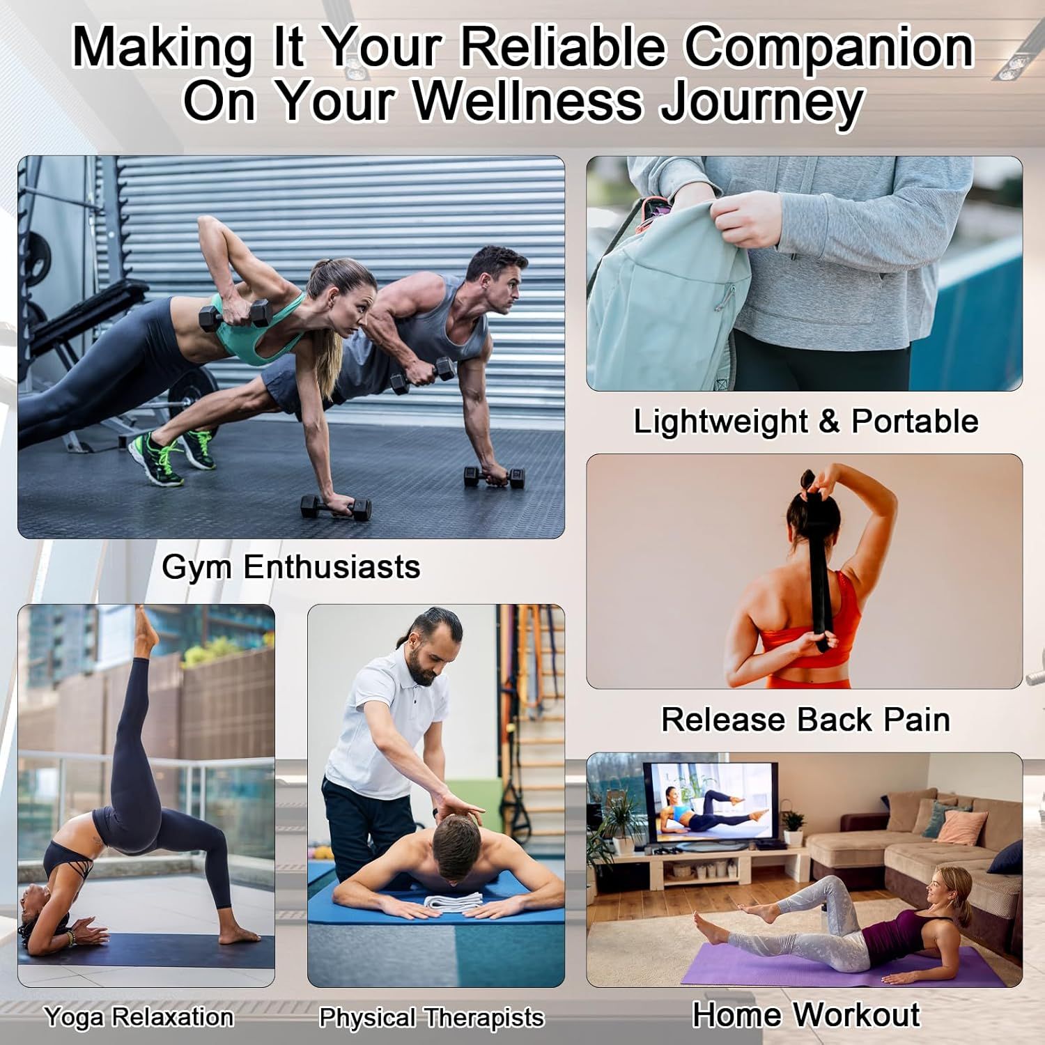 Demonstrates the product's versatility by showing it can be used across multiple wellness scenarios and user types, from gym enthusiasts to physical therapists to home users, reassuring shoppers of…