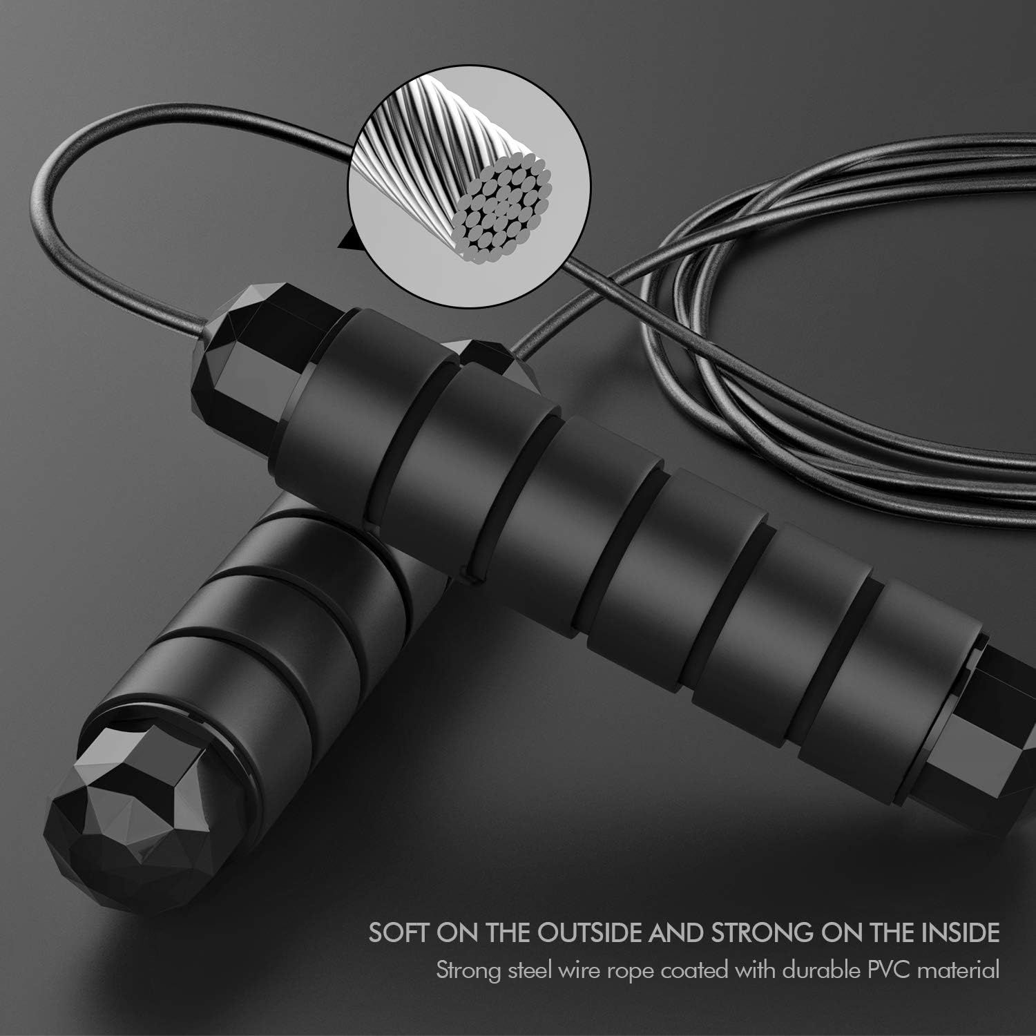 Highlights the internal construction of the jump rope cable, showing the strong steel wire core and durable PVC coating to reassure shoppers of its durability and quality. Communicates the key…