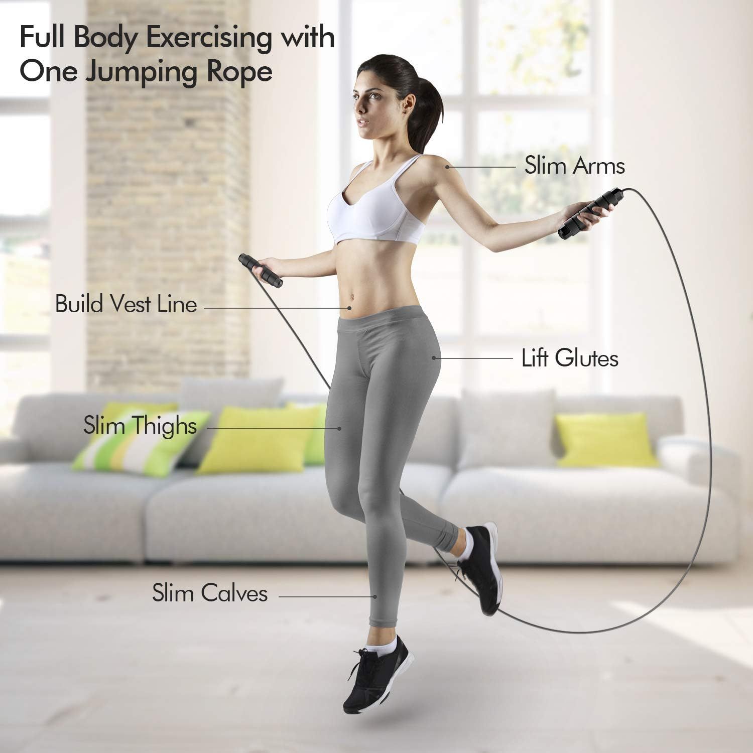Demonstrates how one jumping rope targets multiple body zones simultaneously, showing shoppers the comprehensive full-body workout benefits they can achieve with this single product.