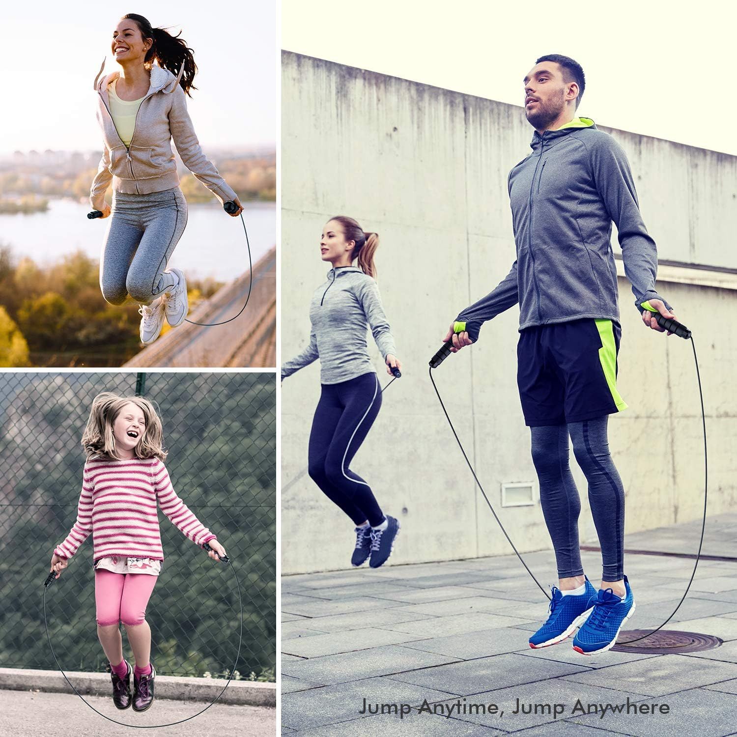 Demonstrates that the jump rope is suitable for diverse users (adults, children) and multiple environments (outdoor, urban, recreational), emphasizing its versatility and broad appeal.