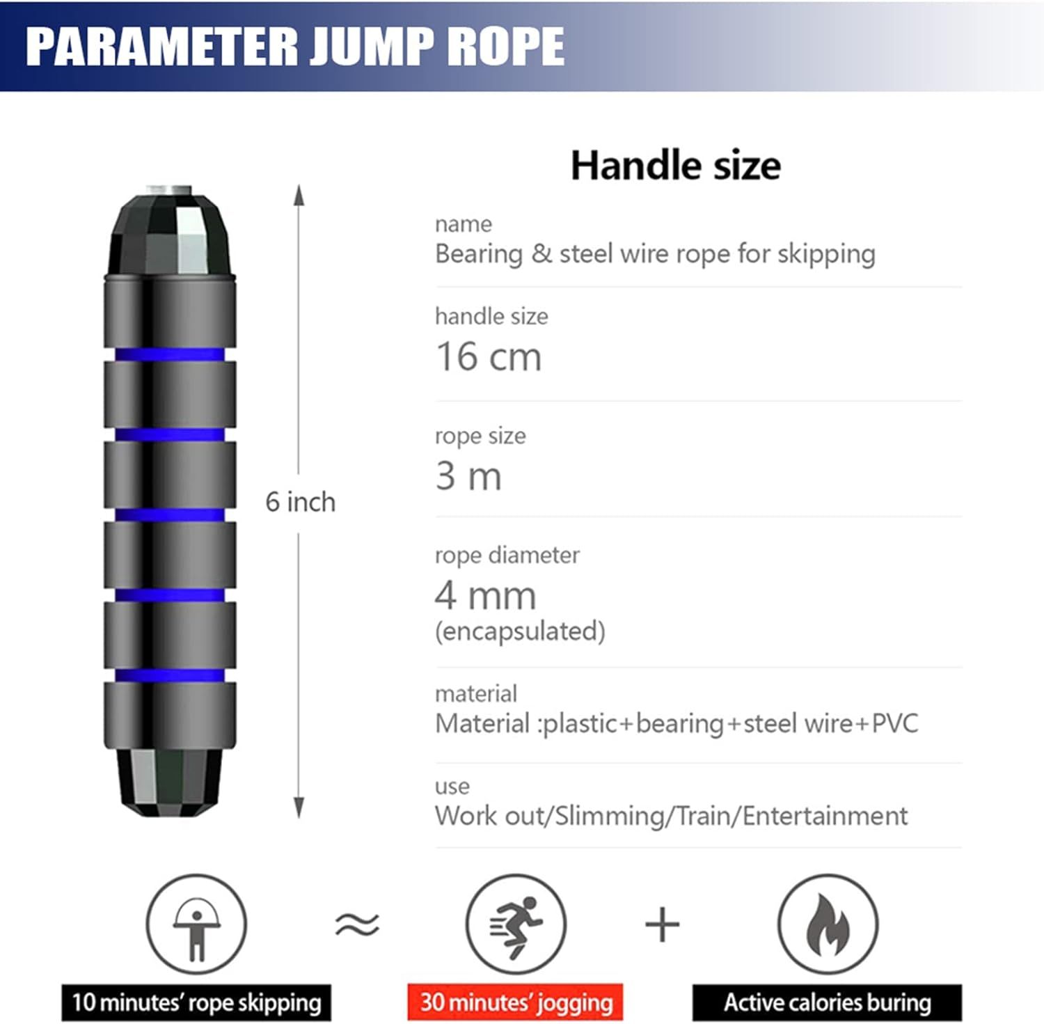 Breaks down the physical specifications and components of the jump rope handle, including dimensions, materials, and construction details to help shoppers understand what the product is made of and…