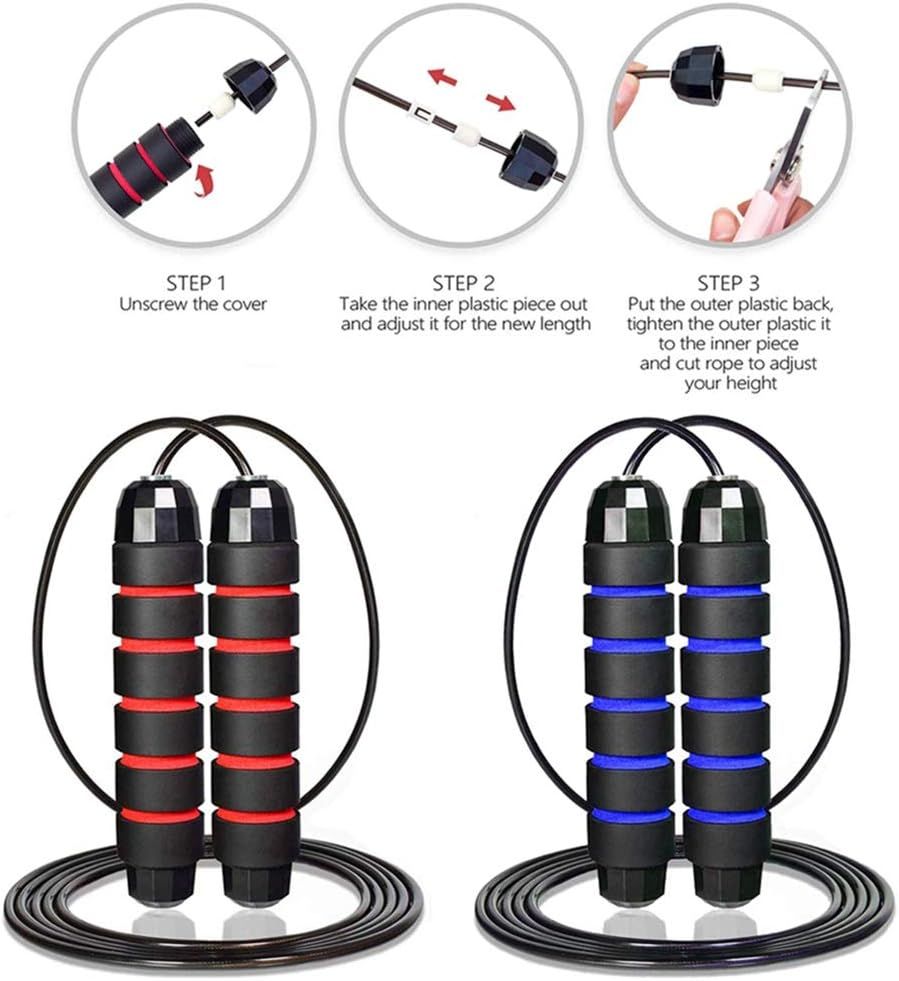 Demonstrates the 3-step process for adjusting the jump rope length to fit the user's height, making setup easy and accessible. Shows two color variants of the product (red and blue) to help shoppers…