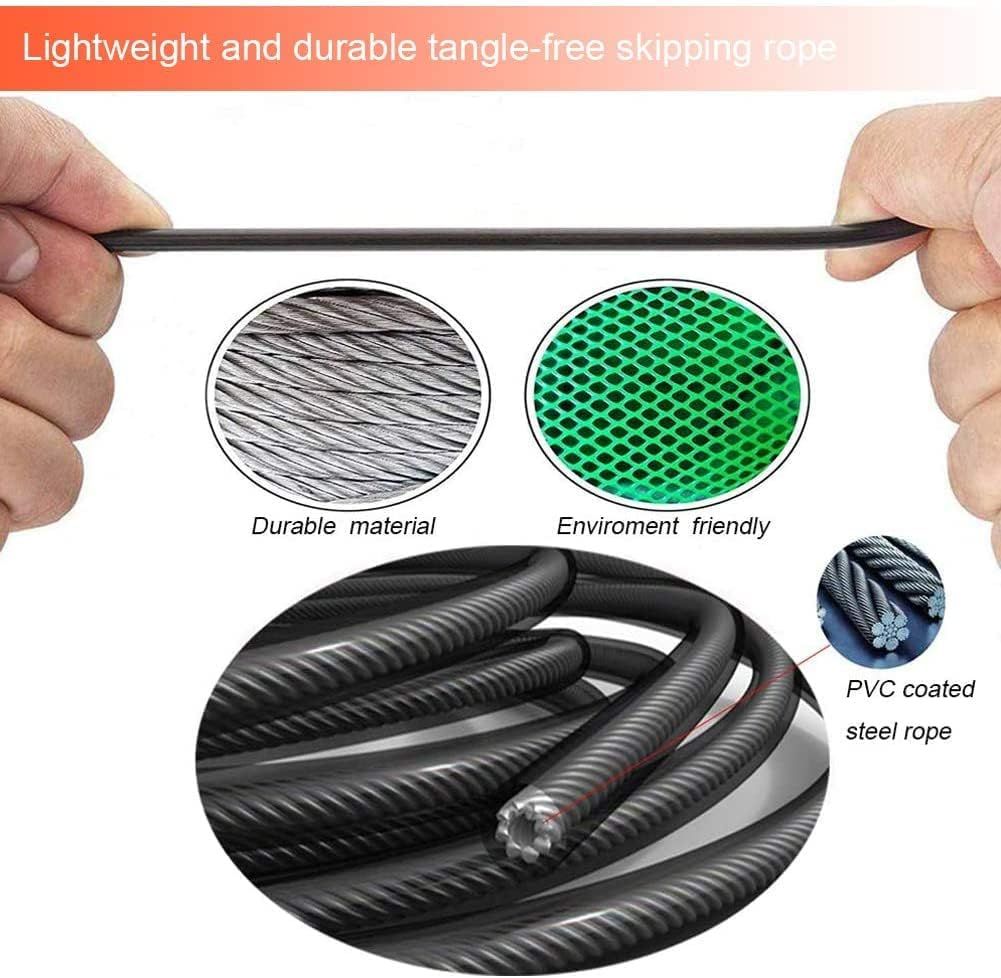 Communicates multiple distinct benefits of the skipping rope including its lightweight and durable construction, tangle-free design, eco-friendly materials, and PVC-coated steel rope construction to…