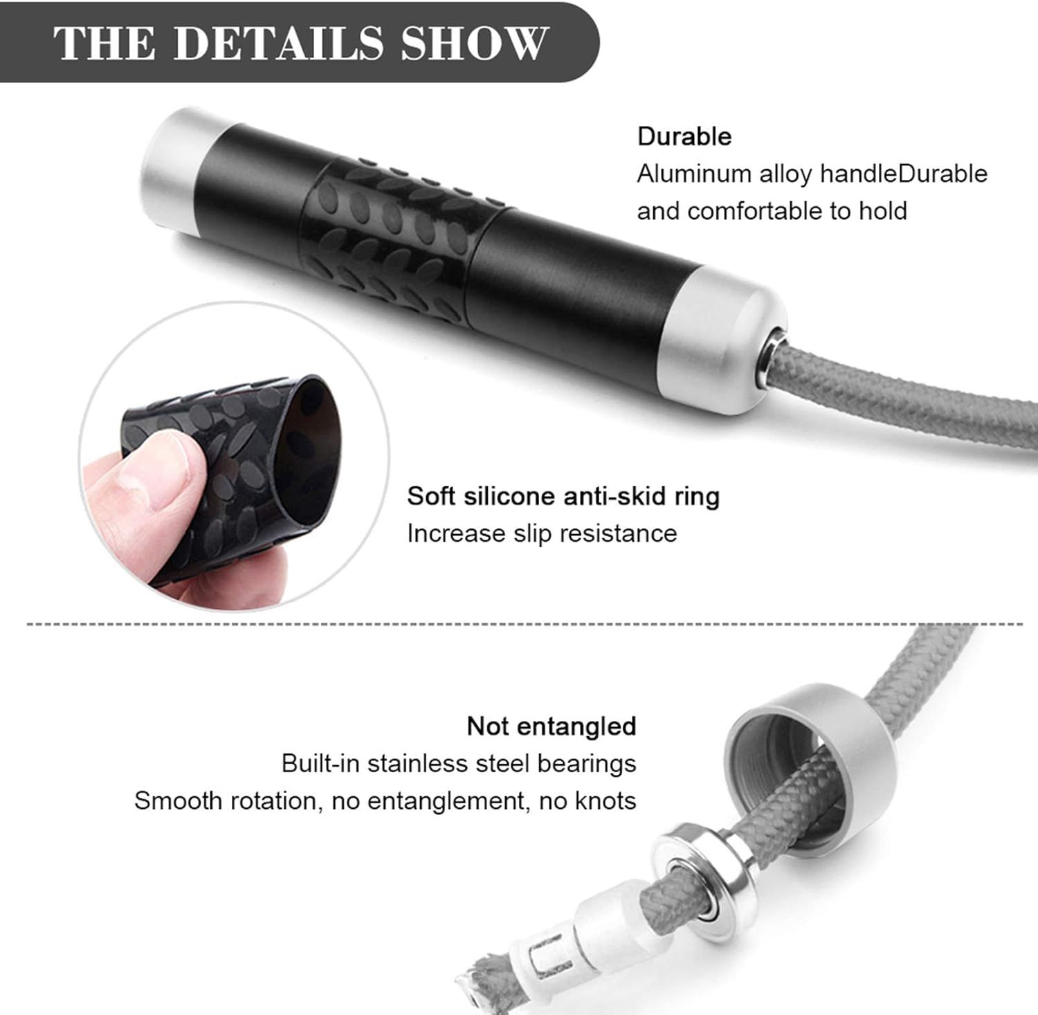 This image breaks down the physical components and construction of the jump rope, highlighting the durable aluminum handle, anti-skid grip ring, and smooth-rotation bearing system to help shoppers…